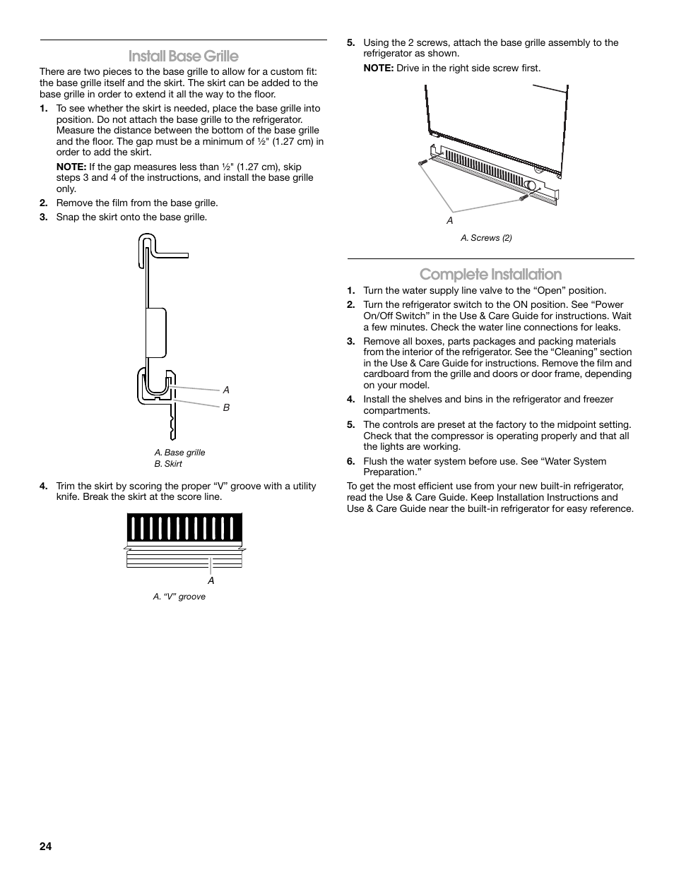 Install base grille, Complete installation | Jenn-Air W10379136A User Manual | Page 24 / 72