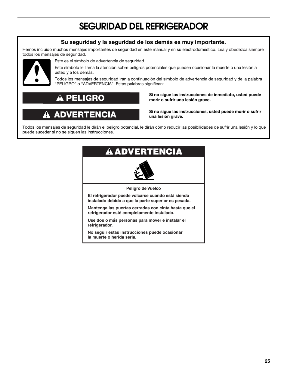 Seguridad del refrigerador, Advertencia peligro, Advertencia | Jenn-Air W10379136A User Manual | Page 25 / 72