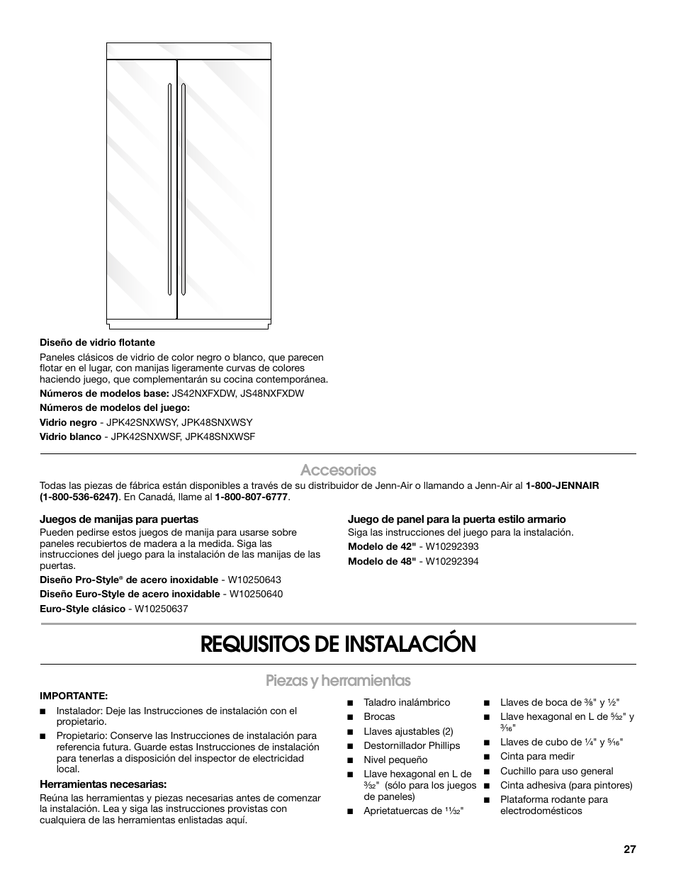 Requisitos de instalación, Accesorios, Piezas y herramientas | Jenn-Air W10379136A User Manual | Page 27 / 72