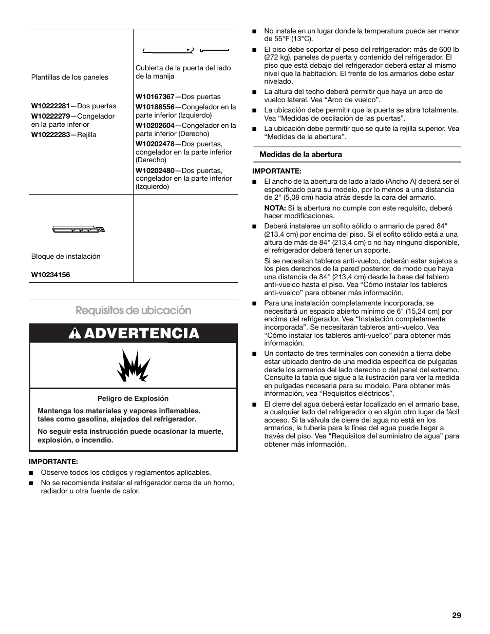 Advertencia, Requisitos de ubicación | Jenn-Air W10379136A User Manual | Page 29 / 72