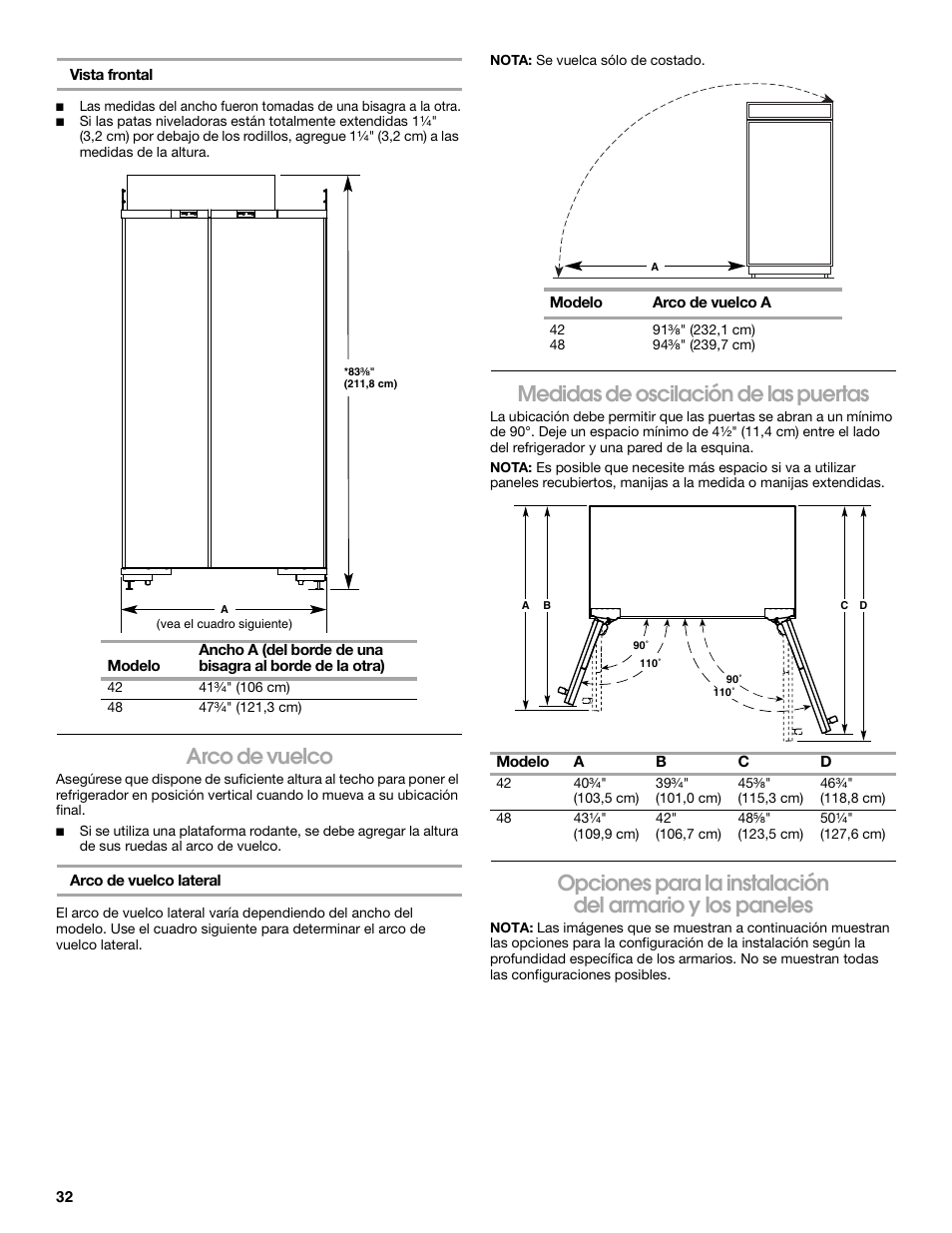 Arco de vuelco, Medidas de oscilación de las puertas | Jenn-Air W10379136A User Manual | Page 32 / 72