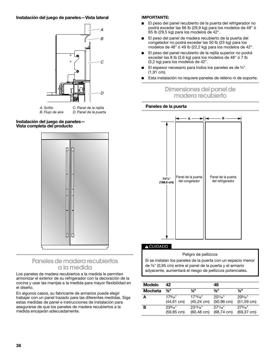 Paneles de madera recubiertos a la medida, Dimensiones del panel de madera recubierto | Jenn-Air W10379136A User Manual | Page 36 / 72