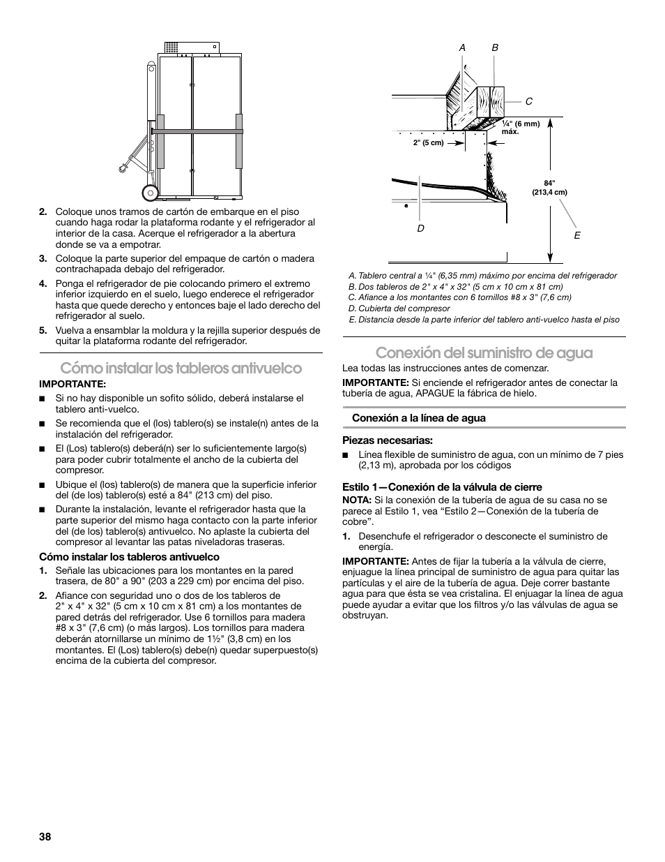 Cómo instalar los tableros antivuelco, Conexión del suministro de agua | Jenn-Air W10379136A User Manual | Page 38 / 72