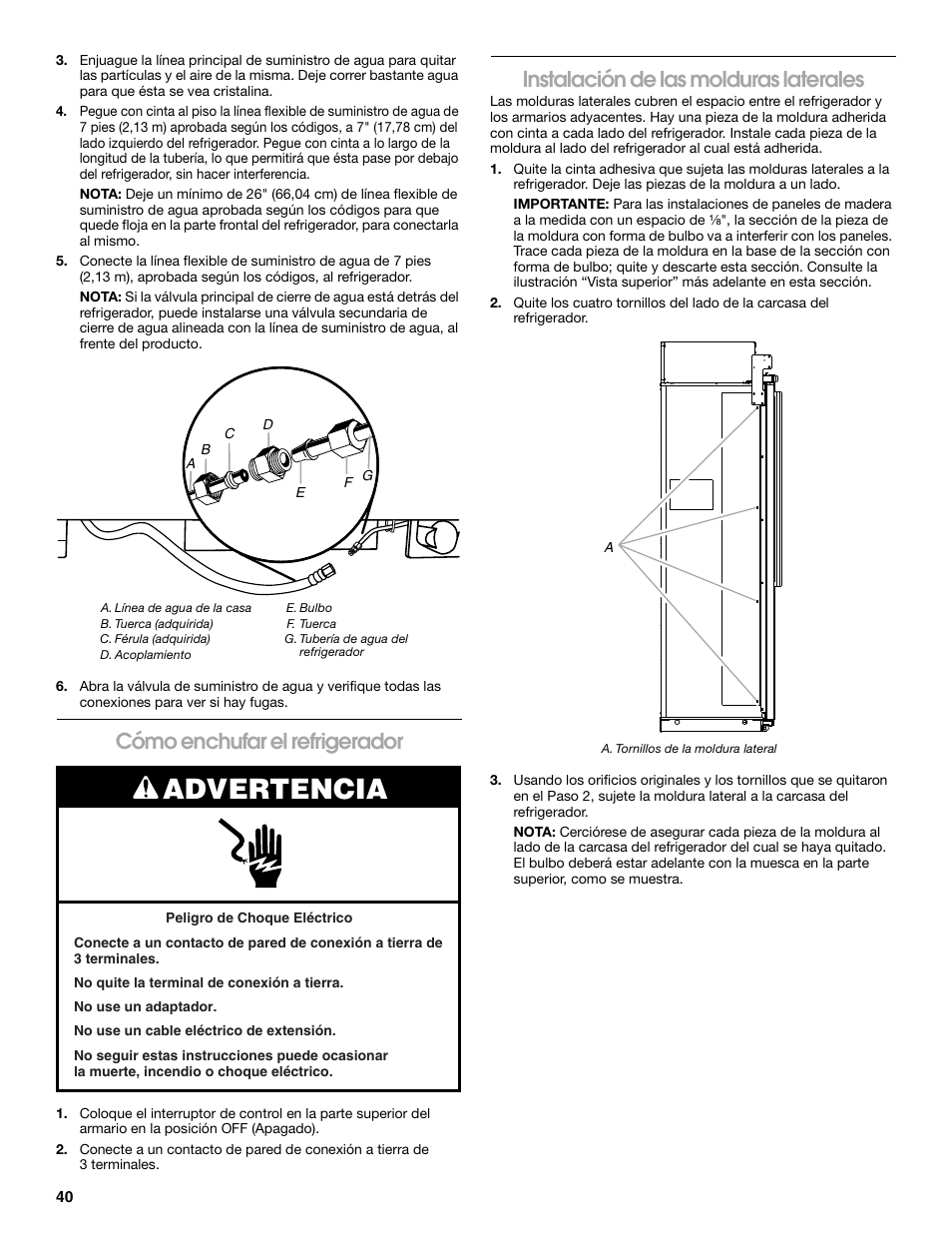 Advertencia, Cómo enchufar el refrigerador, Instalación de las molduras laterales | Jenn-Air W10379136A User Manual | Page 40 / 72