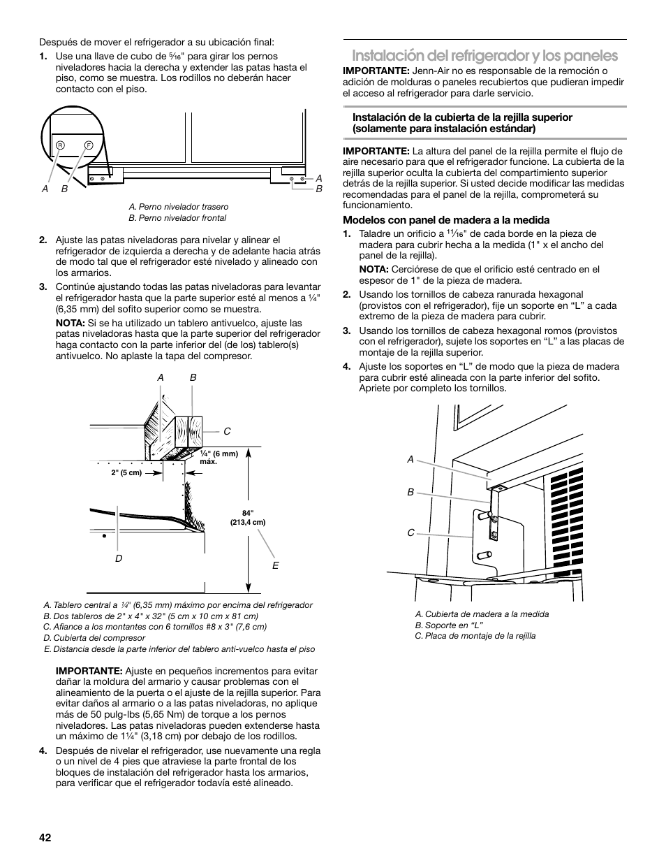 Instalación del refrigerador y los paneles | Jenn-Air W10379136A User Manual | Page 42 / 72