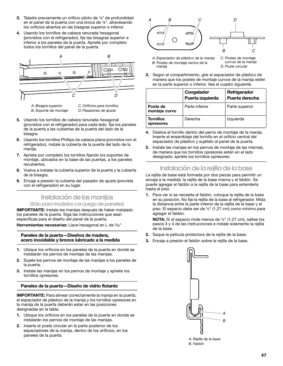 Instalación de las manijas, Instalación de la rejilla de la base | Jenn-Air W10379136A User Manual | Page 47 / 72