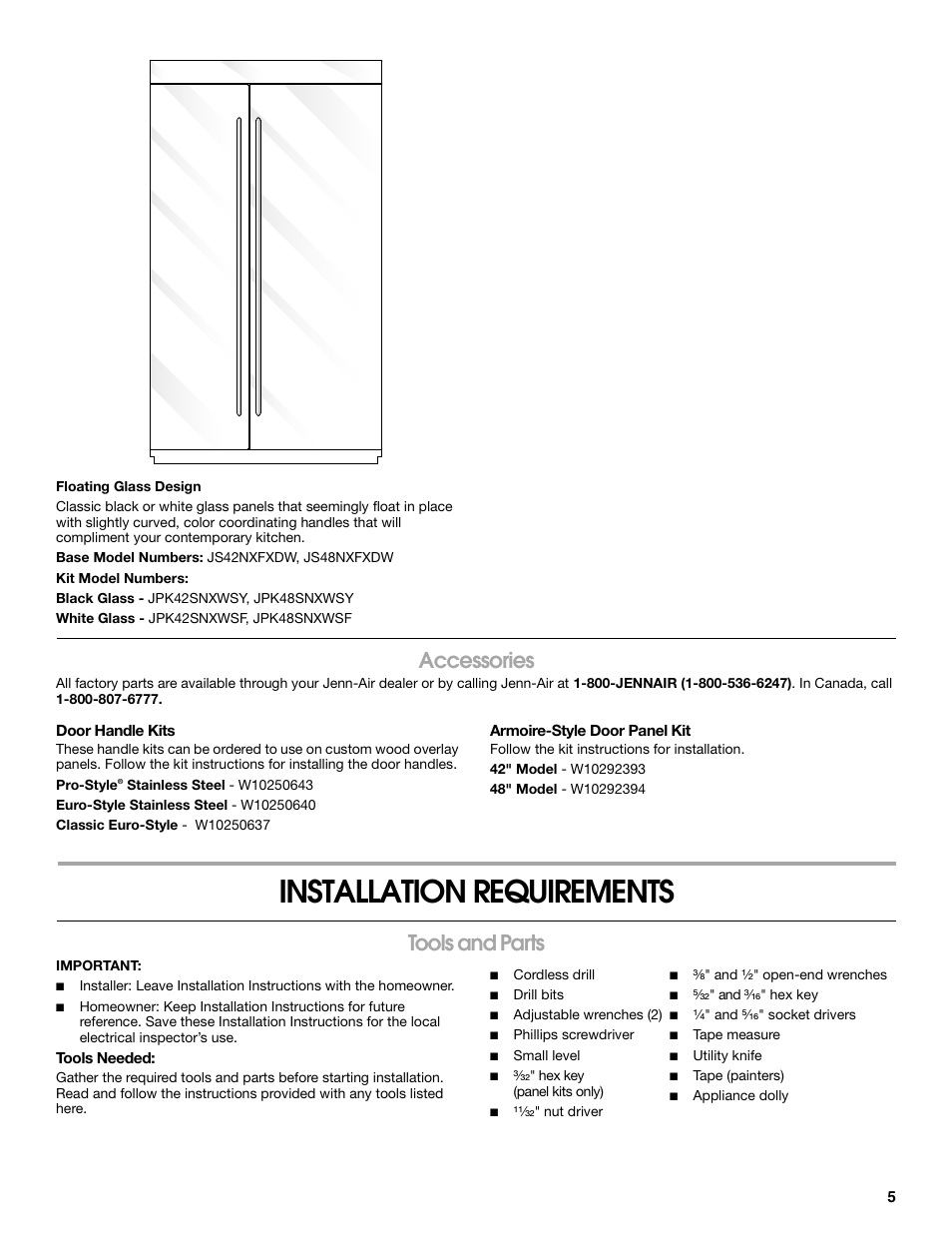 Installation requirements, Accessories, Tools and parts | Jenn-Air W10379136A User Manual | Page 5 / 72