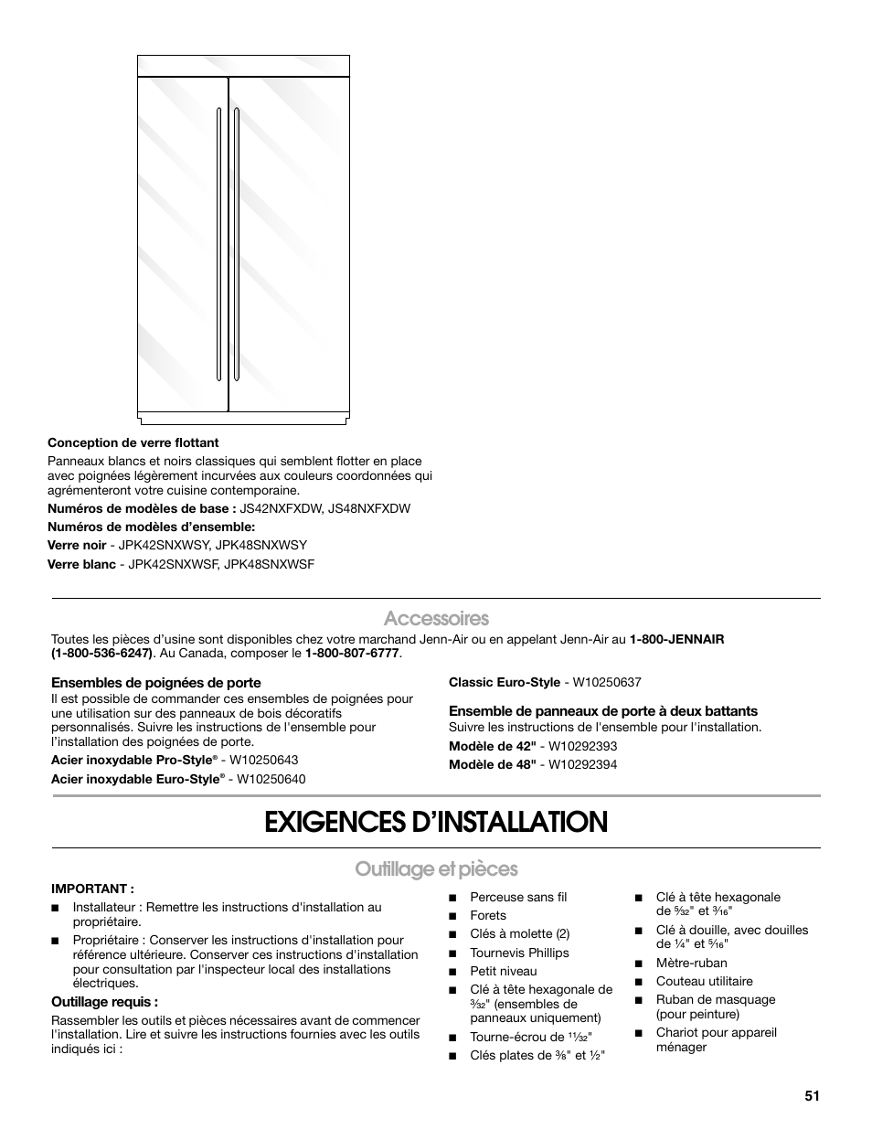 Exigences d’installation, Accessoires, Outillage et pièces | Jenn-Air W10379136A User Manual | Page 51 / 72