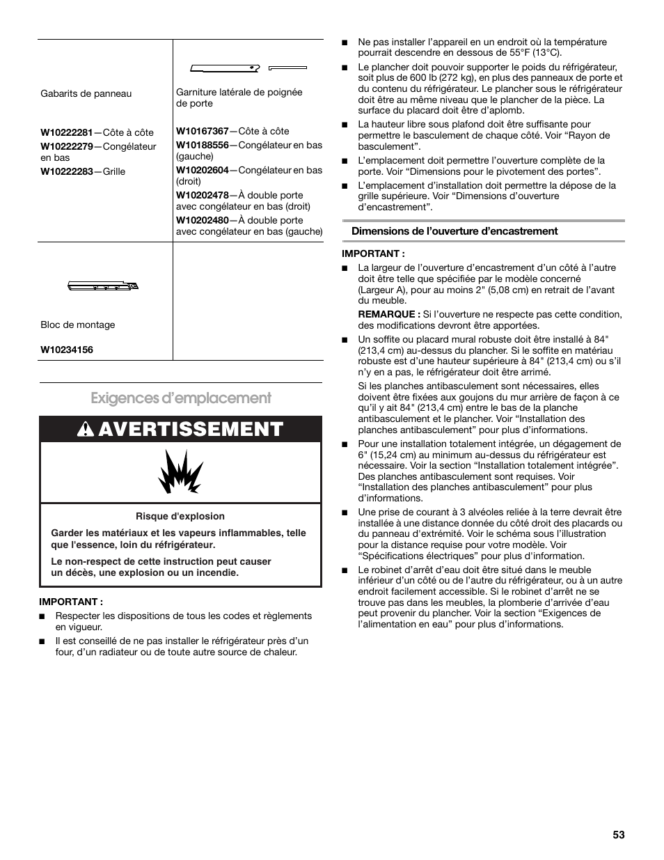 Avertissement, Exigences d’emplacement | Jenn-Air W10379136A User Manual | Page 53 / 72