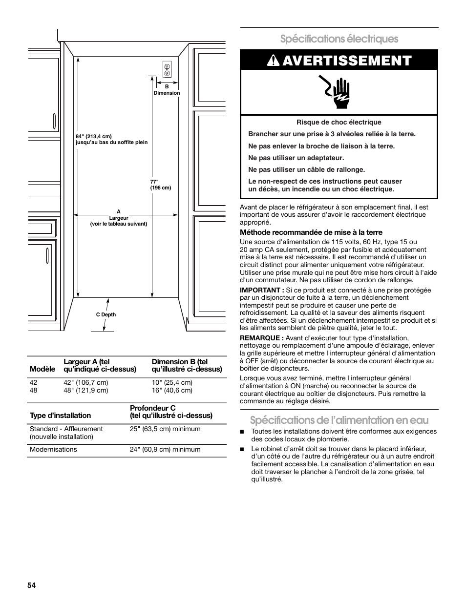 Avertissement, Spécifications électriques, Spécifications de l’alimentation en eau | Jenn-Air W10379136A User Manual | Page 54 / 72