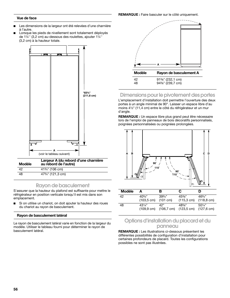 Rayon de basculement, Dimensions pour le pivotement des portes, Options d’installation du placard et du panneau | Jenn-Air W10379136A User Manual | Page 56 / 72