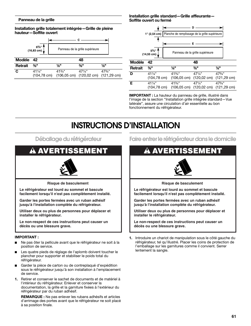 Instructions d’installation, Avertissement, Déballage du réfrigérateur | Faire entrer le réfrigérateur dans le domicile | Jenn-Air W10379136A User Manual | Page 61 / 72