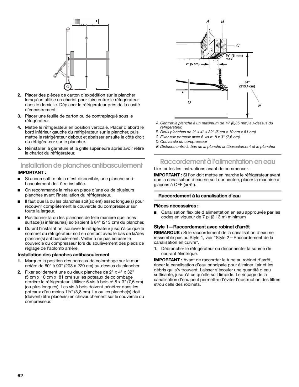 Installation de planches antibasculement, Raccordement à l’alimentation en eau | Jenn-Air W10379136A User Manual | Page 62 / 72