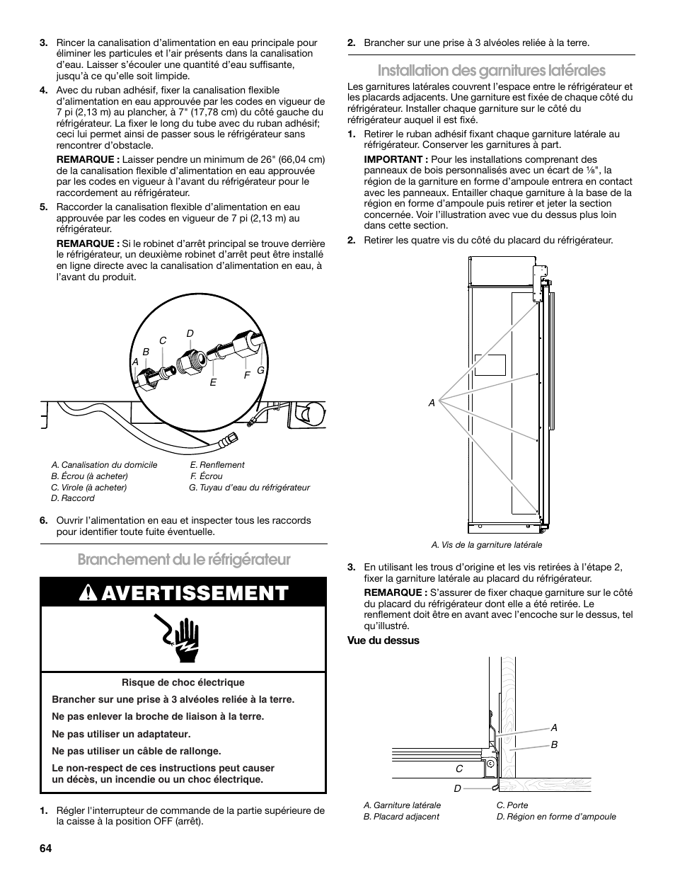 Avertissement, Branchement du le réfrigérateur, Installation des garnitures latérales | Jenn-Air W10379136A User Manual | Page 64 / 72