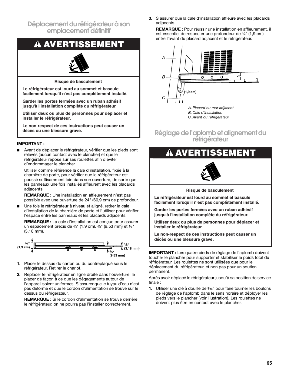 Avertissement, Réglage de l’aplomb et alignement du réfrigérateur | Jenn-Air W10379136A User Manual | Page 65 / 72