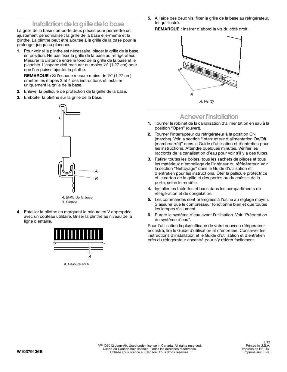 Installation de la grille de la base, Achever l’installation | Jenn-Air W10379136A User Manual | Page 72 / 72