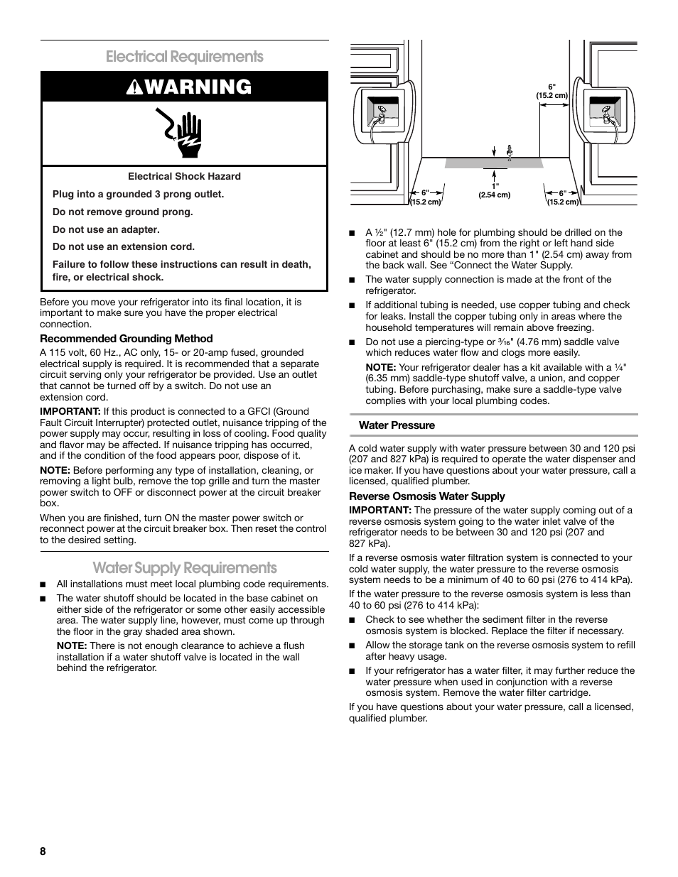 Warning, Electrical requirements, Water supply requirements | Jenn-Air W10379136A User Manual | Page 8 / 72