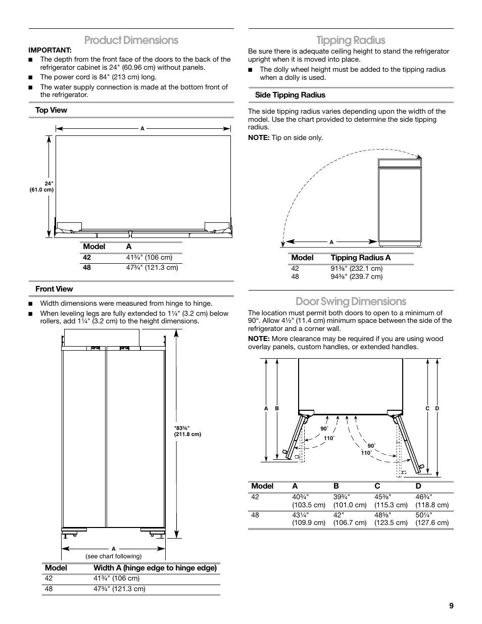 Product dimensions, Tipping radius, Door swing dimensions | Jenn-Air W10379136A User Manual | Page 9 / 72