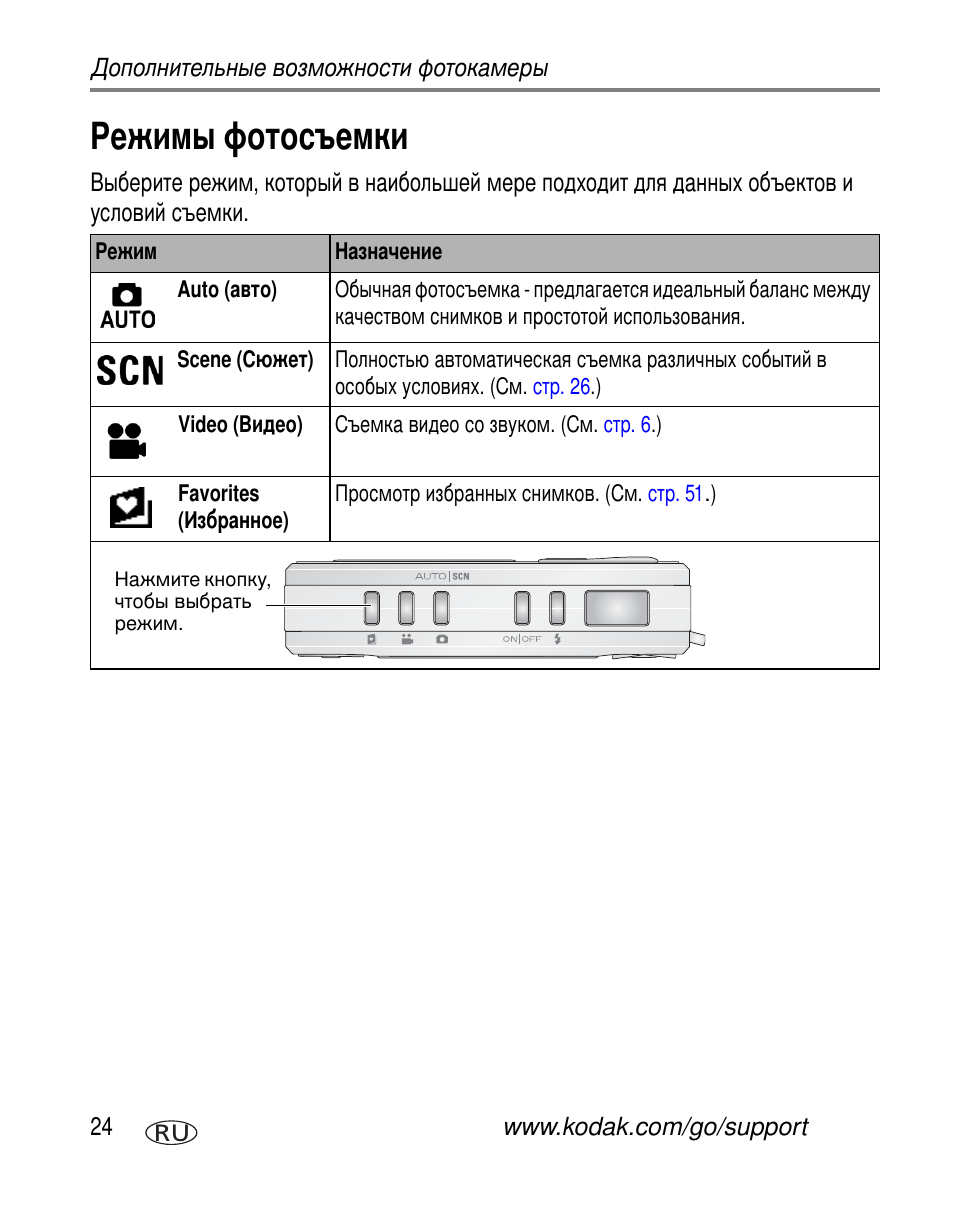 Режимы фотосъемки | Kodak V530 User Manual | Page 30 / 95