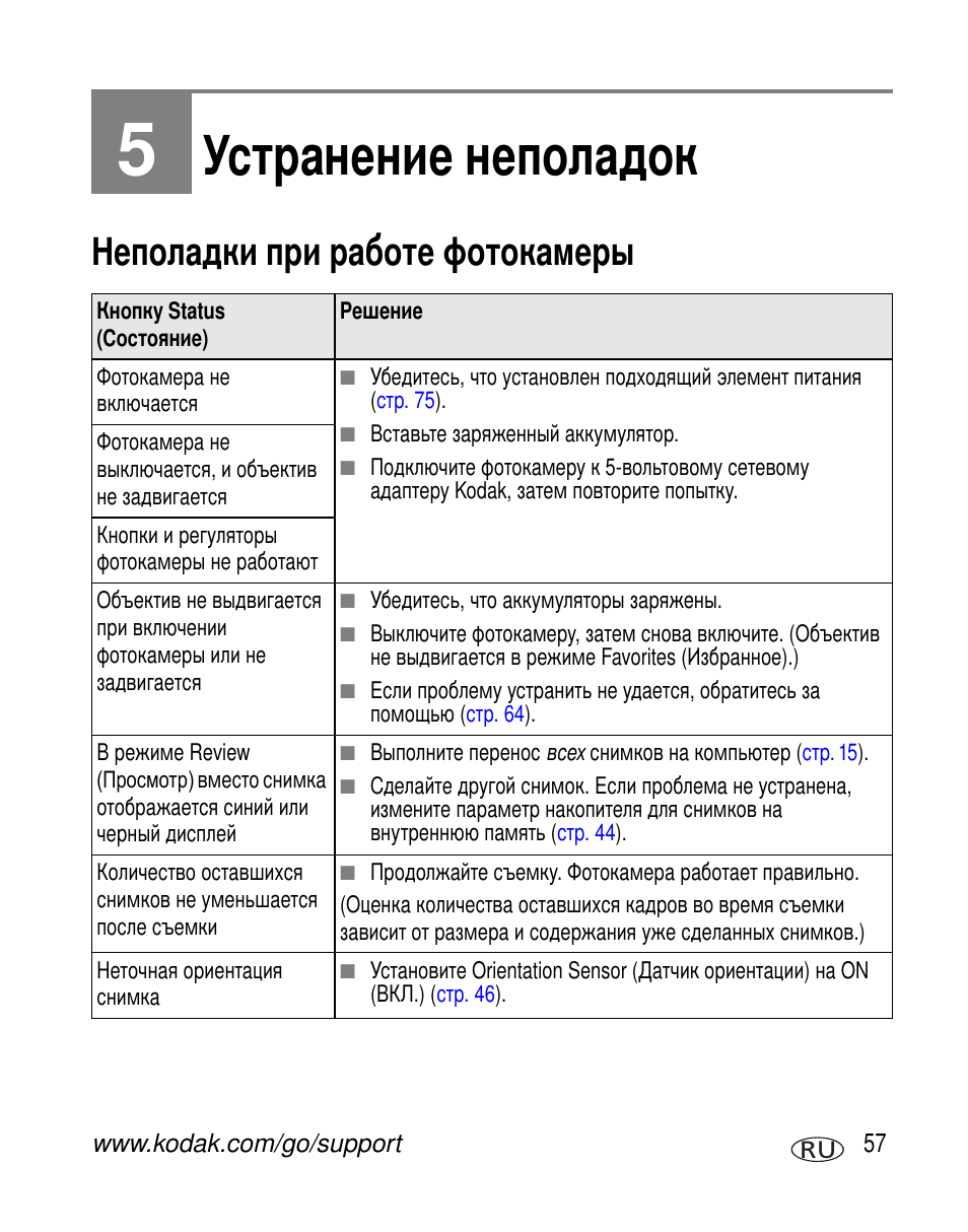 Устранение неполадок, Неполадки при работе фотокамеры | Kodak V530 User Manual | Page 63 / 95