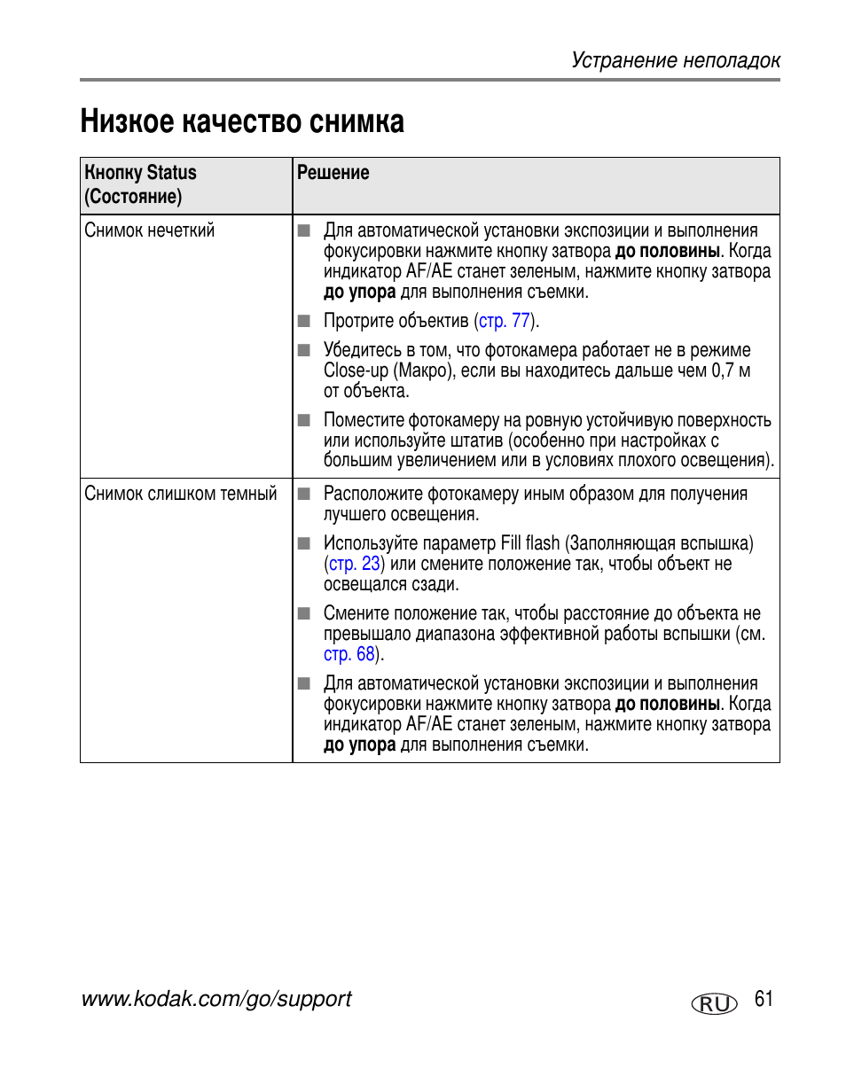 Низкое качество снимка | Kodak V530 User Manual | Page 67 / 95
