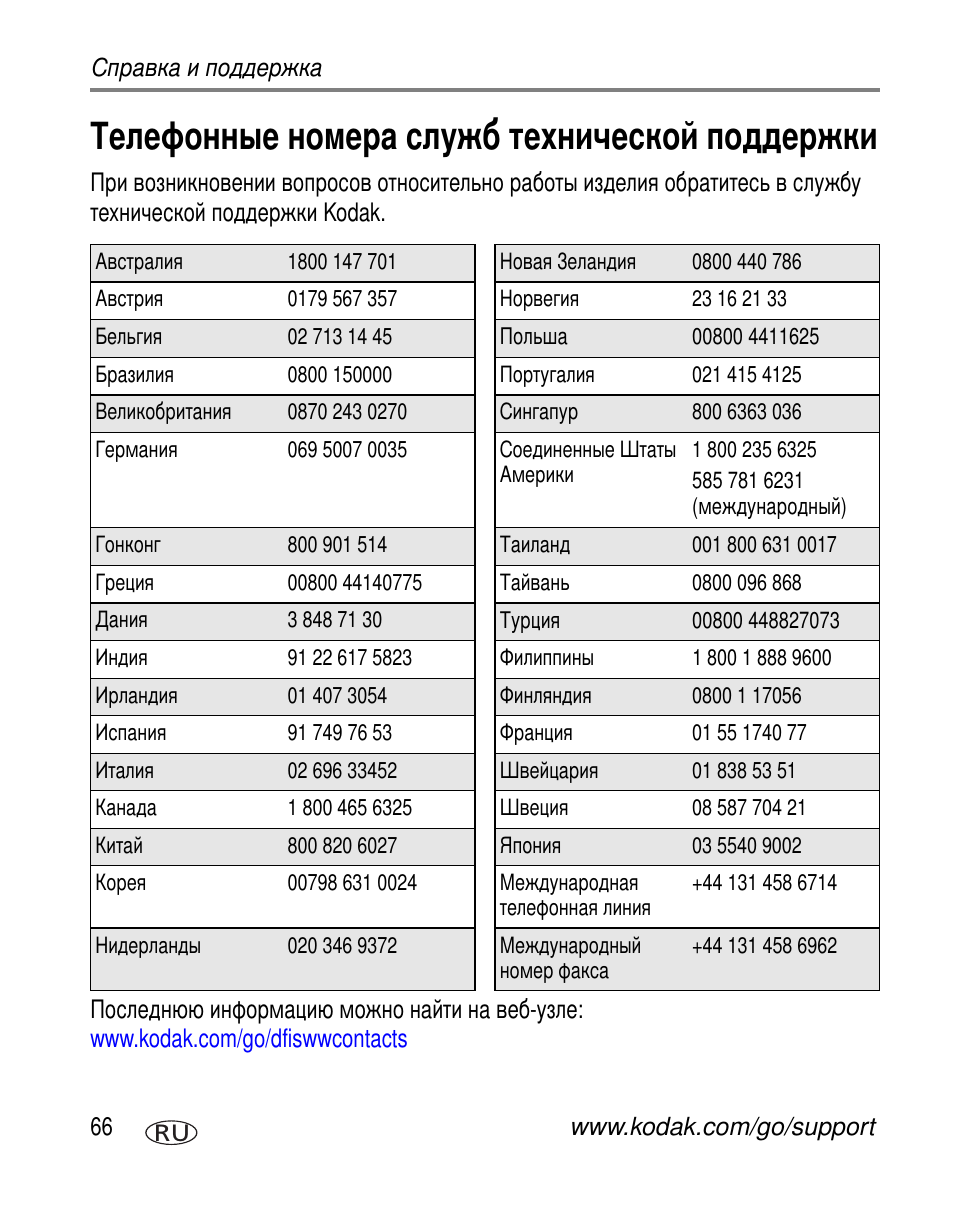 Телефонные номера служб технической поддержки | Kodak V530 User Manual | Page 72 / 95