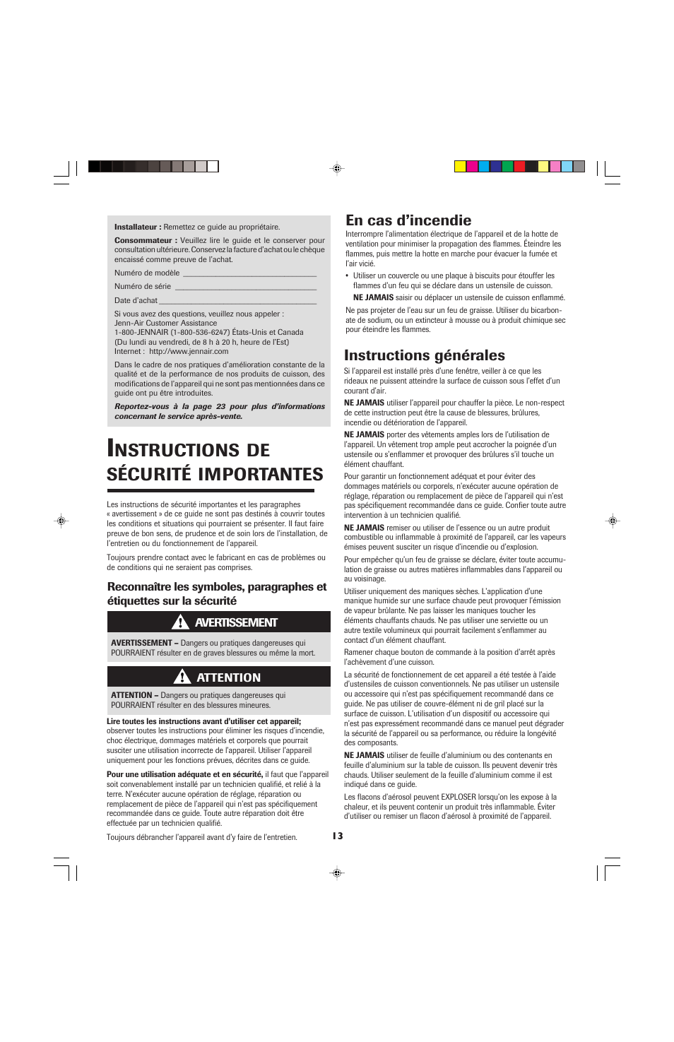 Nstructions, De sécurité, Importantes | Instructions générales, En cas d’incendie | Jenn-Air JEC0530 User Manual | Page 14 / 36