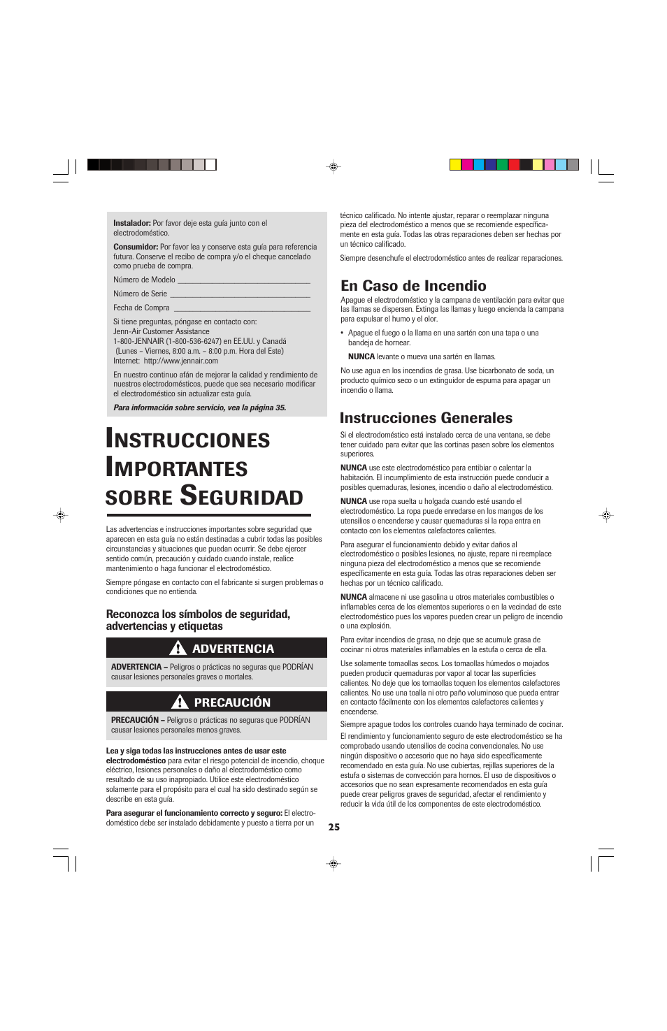 Nstrucciones, Mportantes sobre, Eguridad | En caso de incendio, Instrucciones generales | Jenn-Air JEC0530 User Manual | Page 26 / 36
