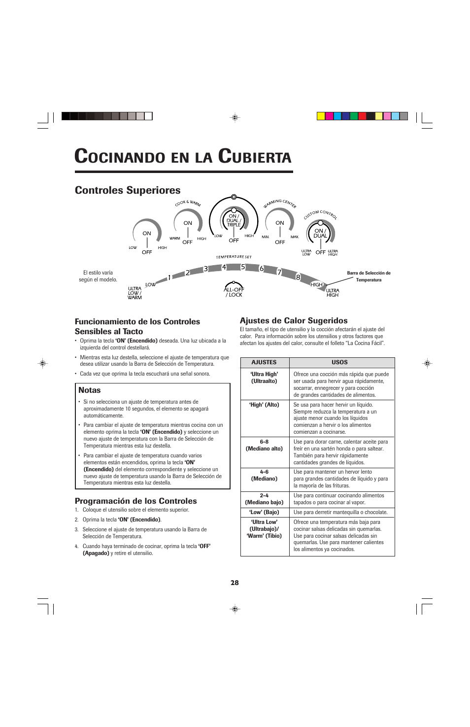 Ocinando, Ubierta, Controles superiores | Jenn-Air JEC0530 User Manual | Page 29 / 36