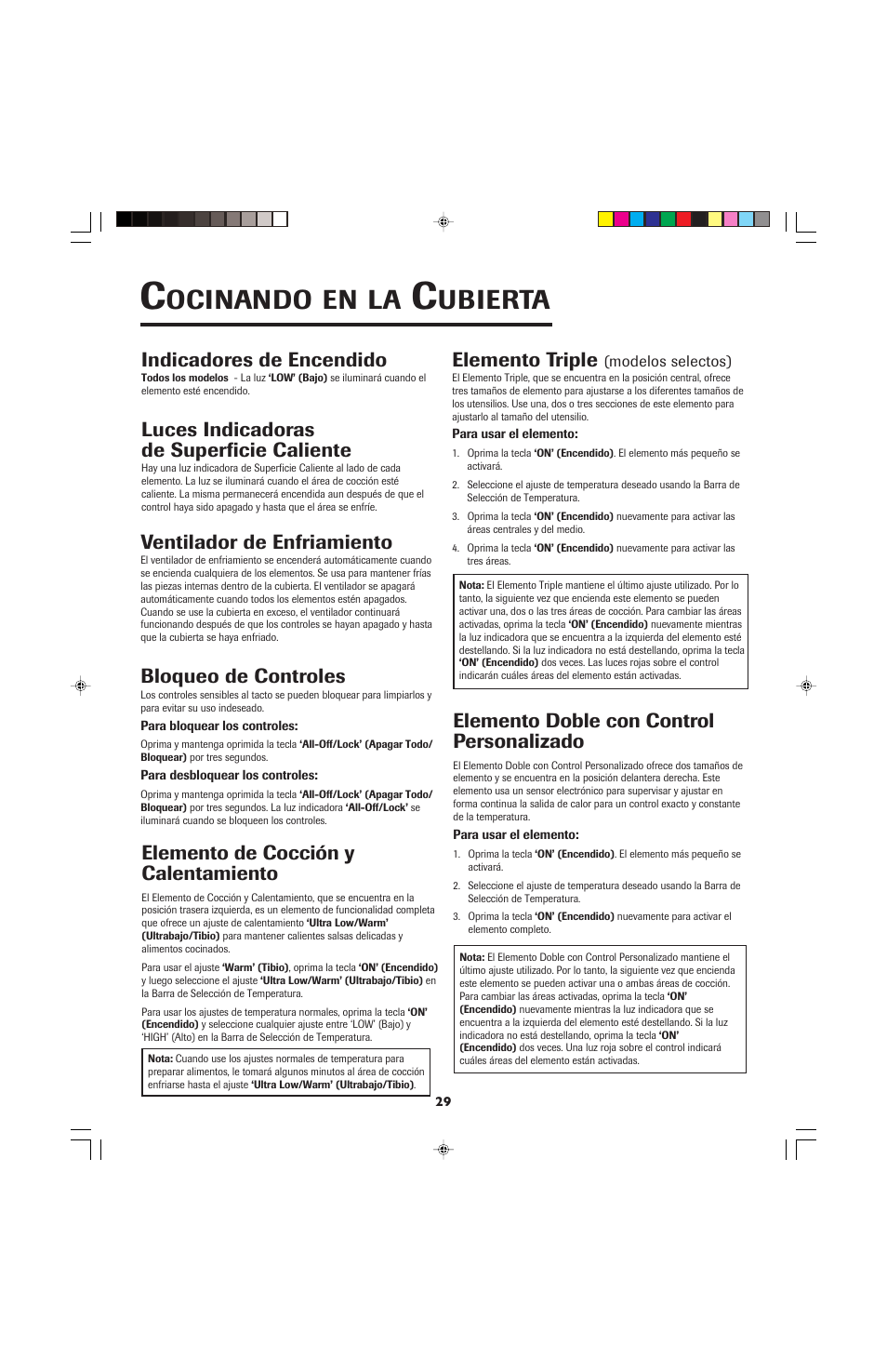 Ocinando, Ubierta, Indicadores de encendido | Luces indicadoras de superficie caliente, Ventilador de enfriamiento, Bloqueo de controles, Elemento de cocción y calentamiento, Elemento triple, Elemento doble con control personalizado | Jenn-Air JEC0530 User Manual | Page 30 / 36