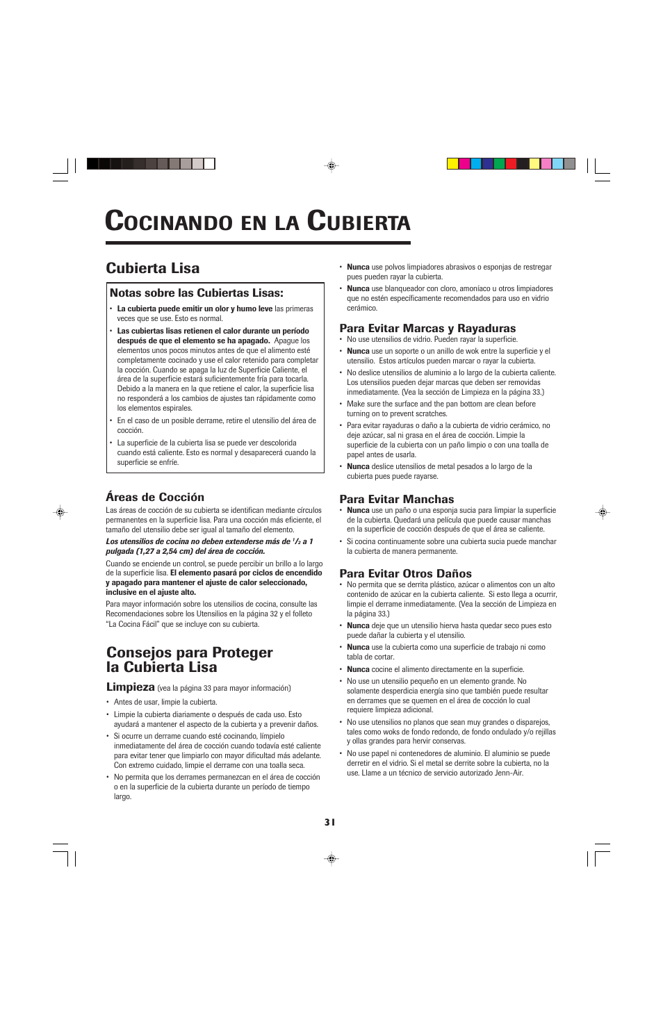 Ocinando, Ubierta, Cubierta lisa | Consejos para proteger la cubierta lisa | Jenn-Air JEC0530 User Manual | Page 32 / 36