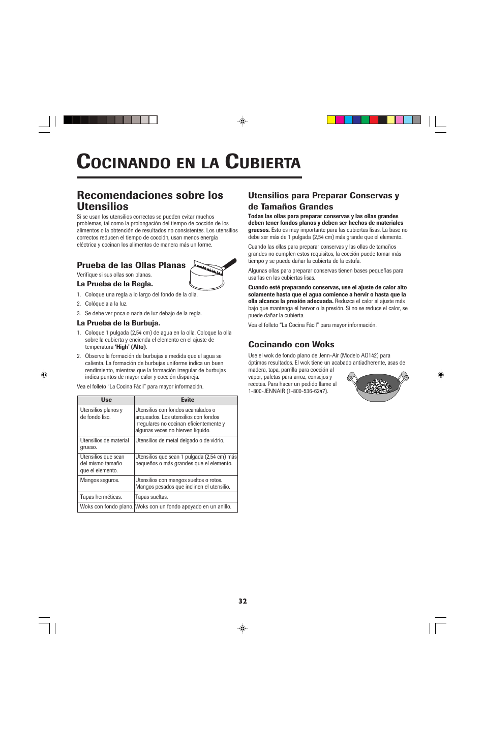 Ocinando, Ubierta, Recomendaciones sobre los utensilios | Jenn-Air JEC0530 User Manual | Page 33 / 36