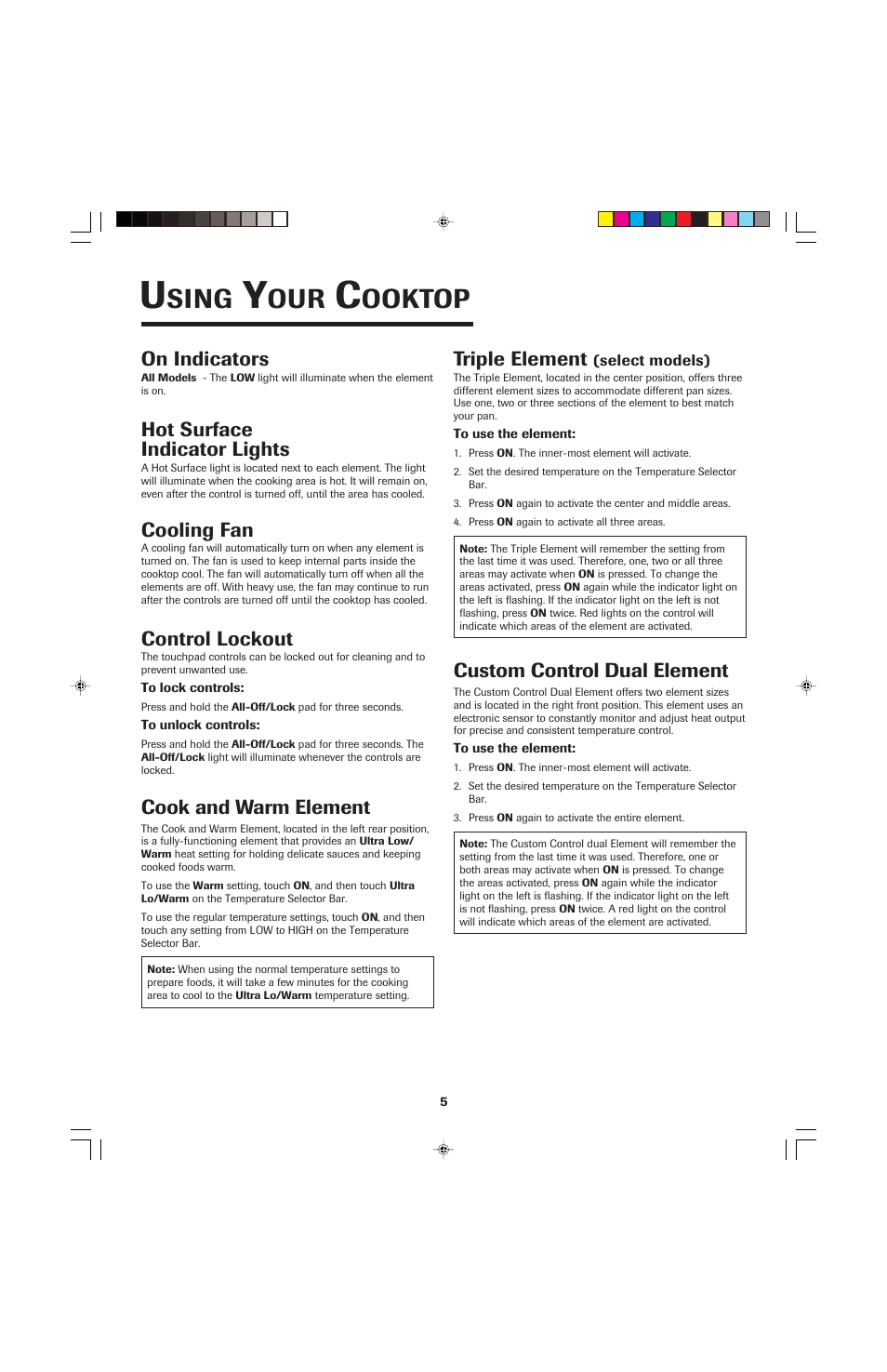 Sing, Ooktop, On indicators | Hot surface indicator lights, Cooling fan, Control lockout, Cook and warm element, Triple element, Custom control dual element | Jenn-Air JEC0530 User Manual | Page 6 / 36