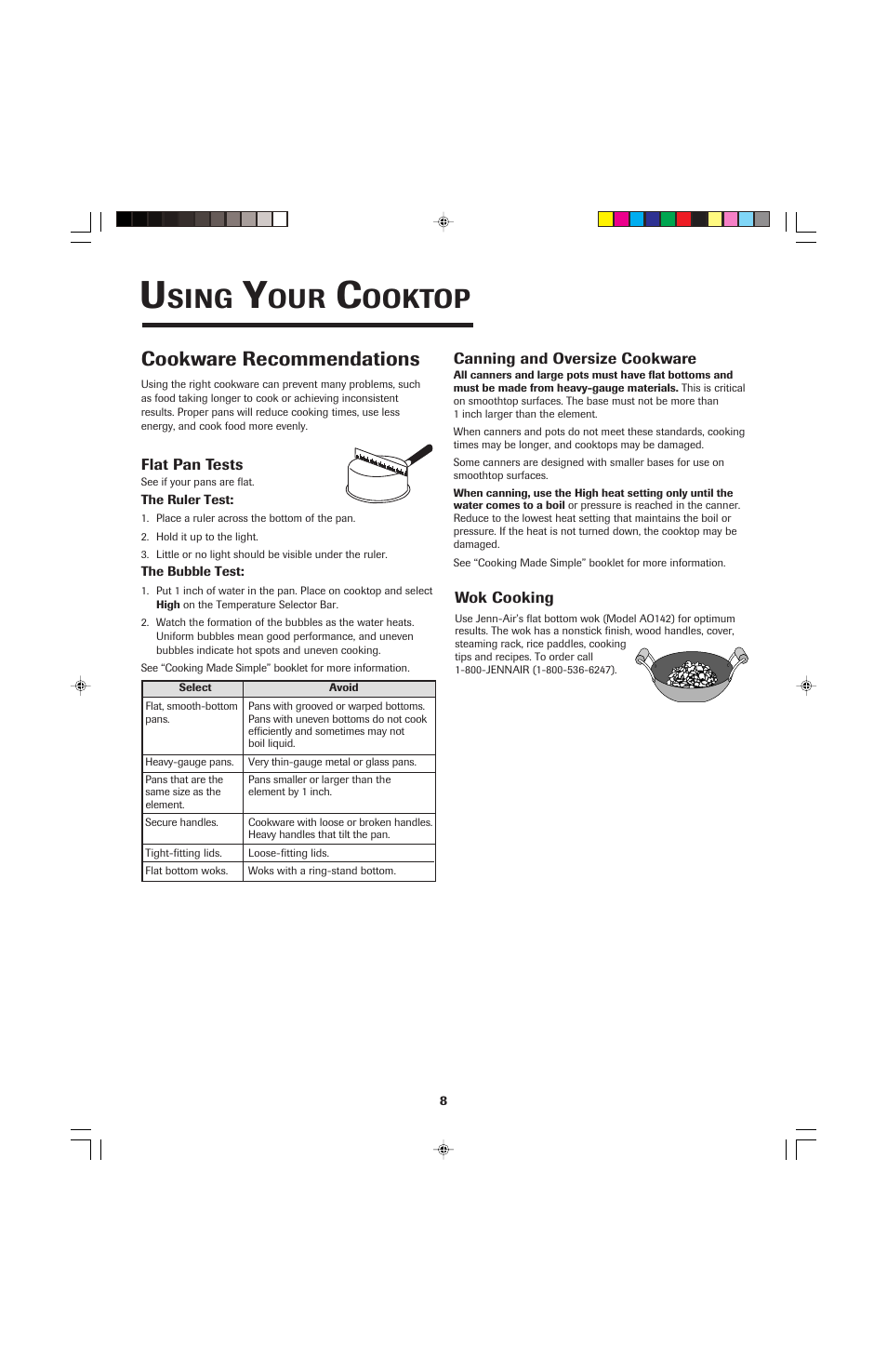 Sing, Ooktop, Cookware recommendations | Jenn-Air JEC0530 User Manual | Page 9 / 36