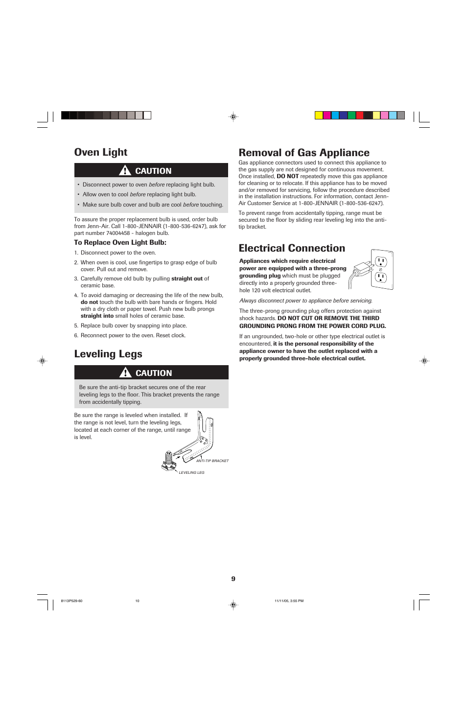 Leveling legs, Oven light, Removal of gas appliance | Electrical connection, Caution | Jenn-Air GAS DOWNDRAFT SLIDE-IN RANGE User Manual | Page 10 / 88