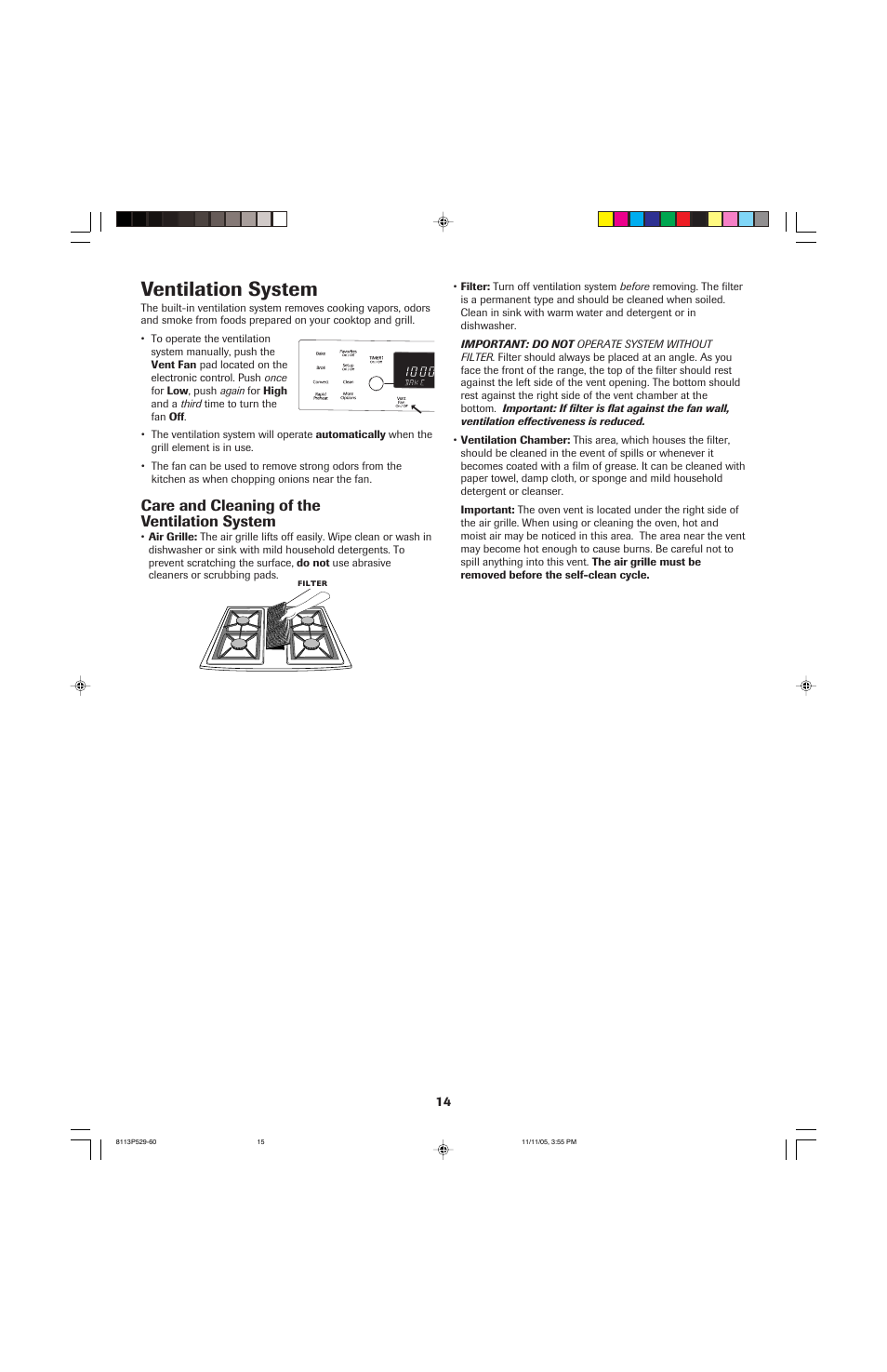 Ventilation system, Care and cleaning of the ventilation system | Jenn-Air GAS DOWNDRAFT SLIDE-IN RANGE User Manual | Page 15 / 88