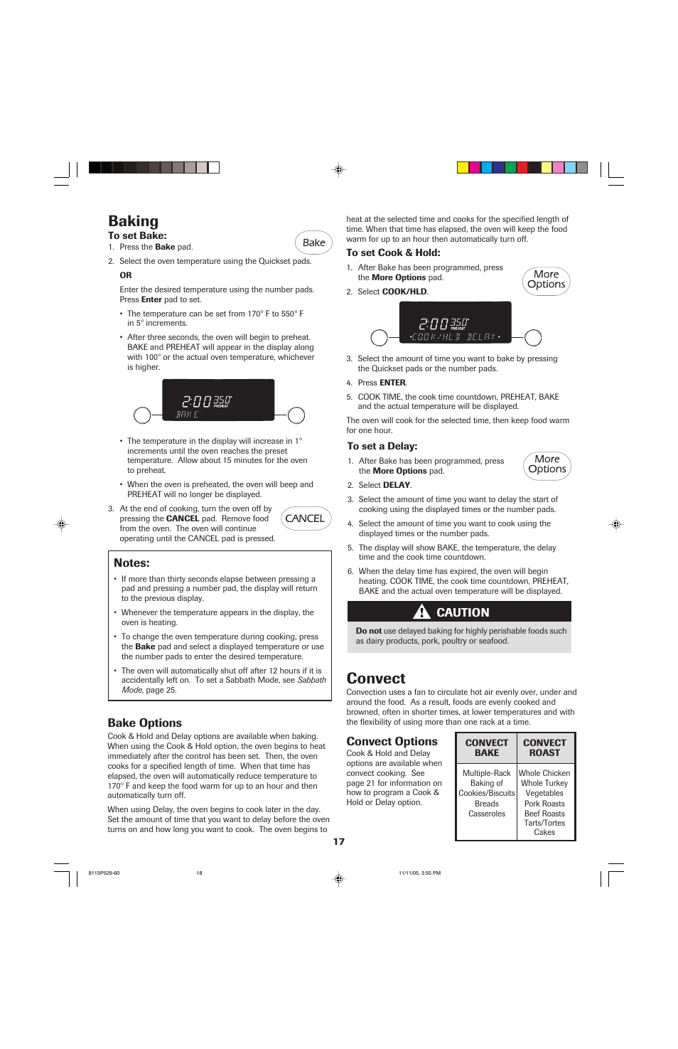 Baking, Convect, Bake options | Caution, Convect options | Jenn-Air GAS DOWNDRAFT SLIDE-IN RANGE User Manual | Page 18 / 88