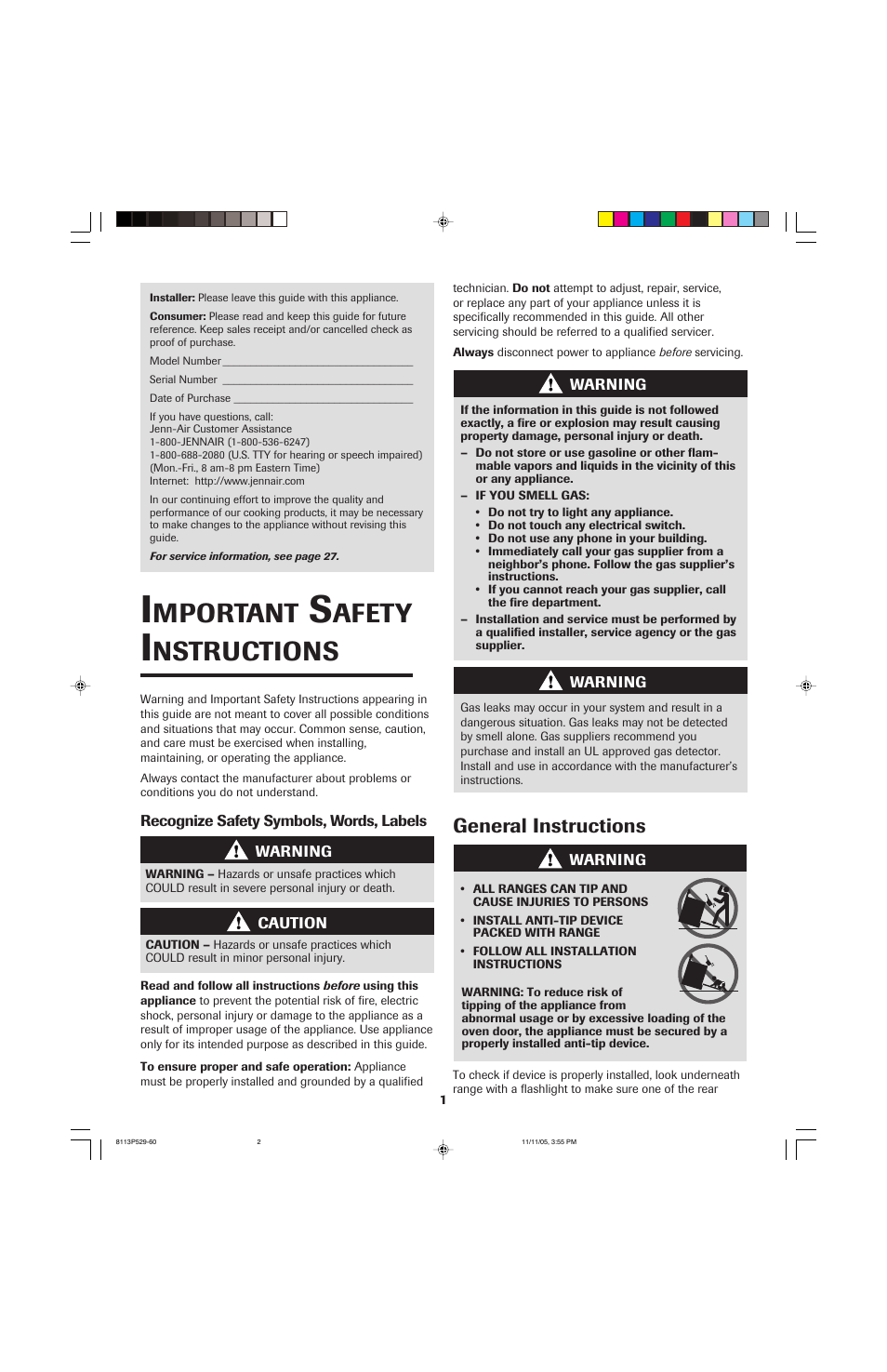 Mportant, Afety, Nstructions | General instructions | Jenn-Air GAS DOWNDRAFT SLIDE-IN RANGE User Manual | Page 2 / 88