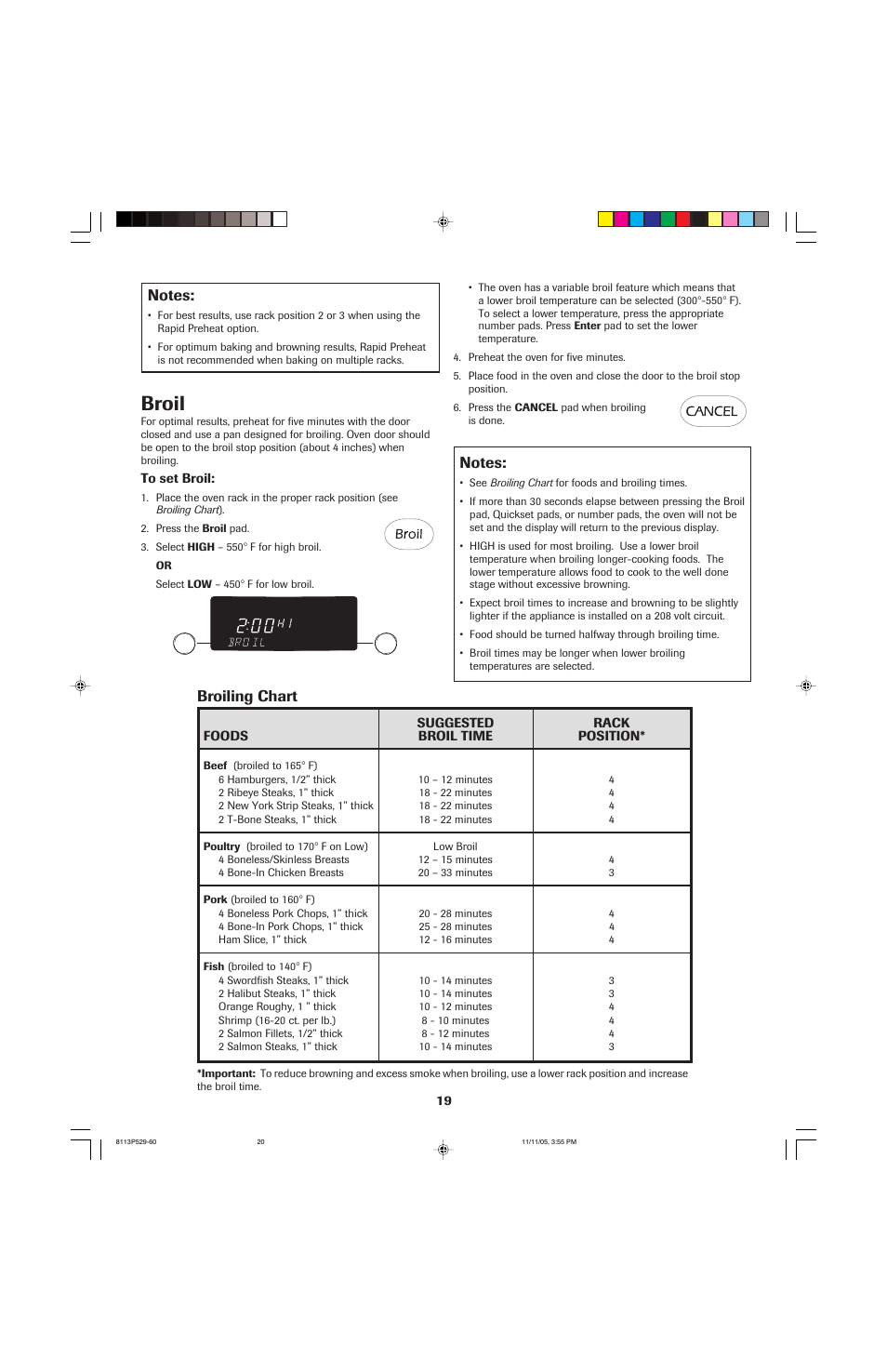 Broil, Broiling chart | Jenn-Air GAS DOWNDRAFT SLIDE-IN RANGE User Manual | Page 20 / 88