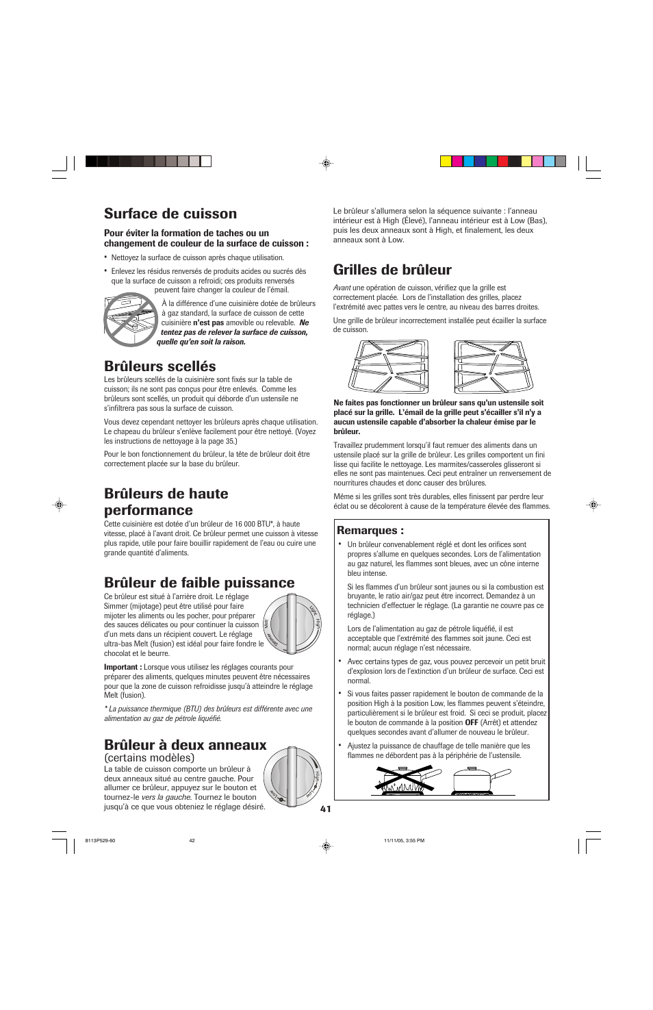 Surface de cuisson, Brûleurs scellés, Brûleurs de haute performance | Brûleur de faible puissance, Brûleur à deux anneaux, Grilles de brûleur | Jenn-Air GAS DOWNDRAFT SLIDE-IN RANGE User Manual | Page 42 / 88