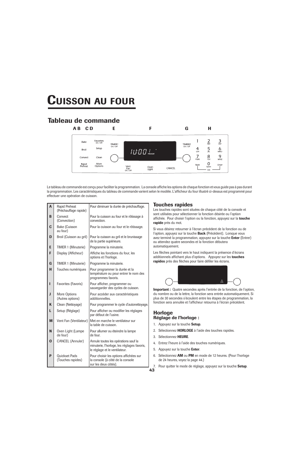 Uisson, Four, Tableau de commande | Jenn-Air GAS DOWNDRAFT SLIDE-IN RANGE User Manual | Page 44 / 88