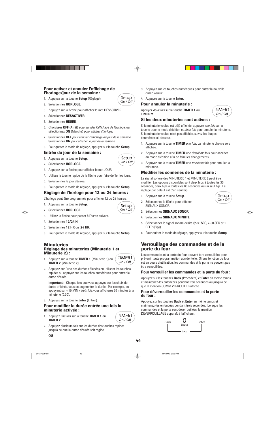 Minuteries, Verrouillage des commandes et de la porte du four | Jenn-Air GAS DOWNDRAFT SLIDE-IN RANGE User Manual | Page 45 / 88