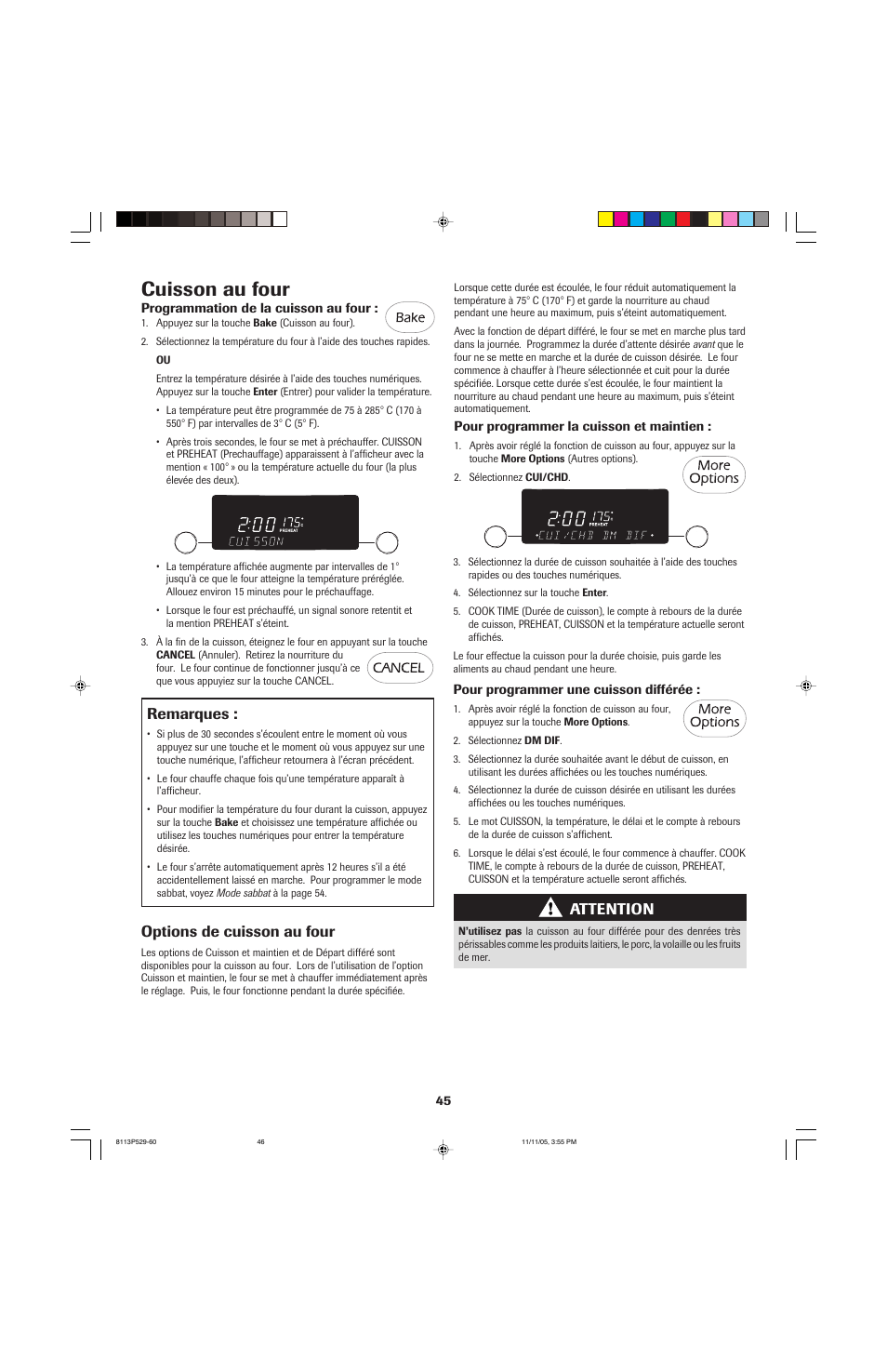 Cuisson au four, Attention, Remarques | Options de cuisson au four | Jenn-Air GAS DOWNDRAFT SLIDE-IN RANGE User Manual | Page 46 / 88