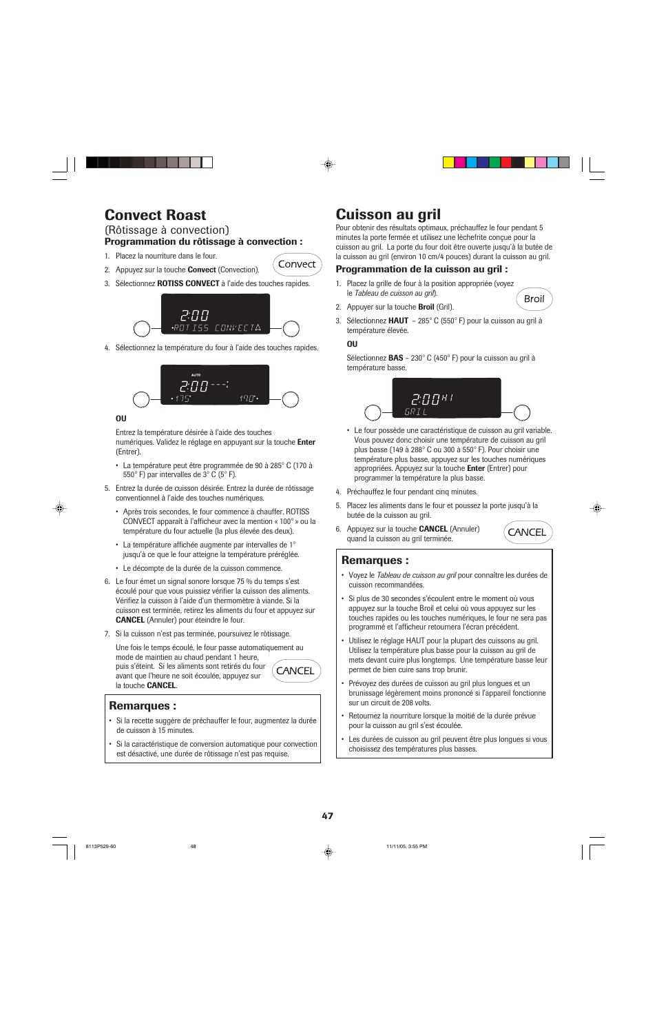 Convect roast, Cuisson au gril, Rôtissage à convection) | Remarques | Jenn-Air GAS DOWNDRAFT SLIDE-IN RANGE User Manual | Page 48 / 88