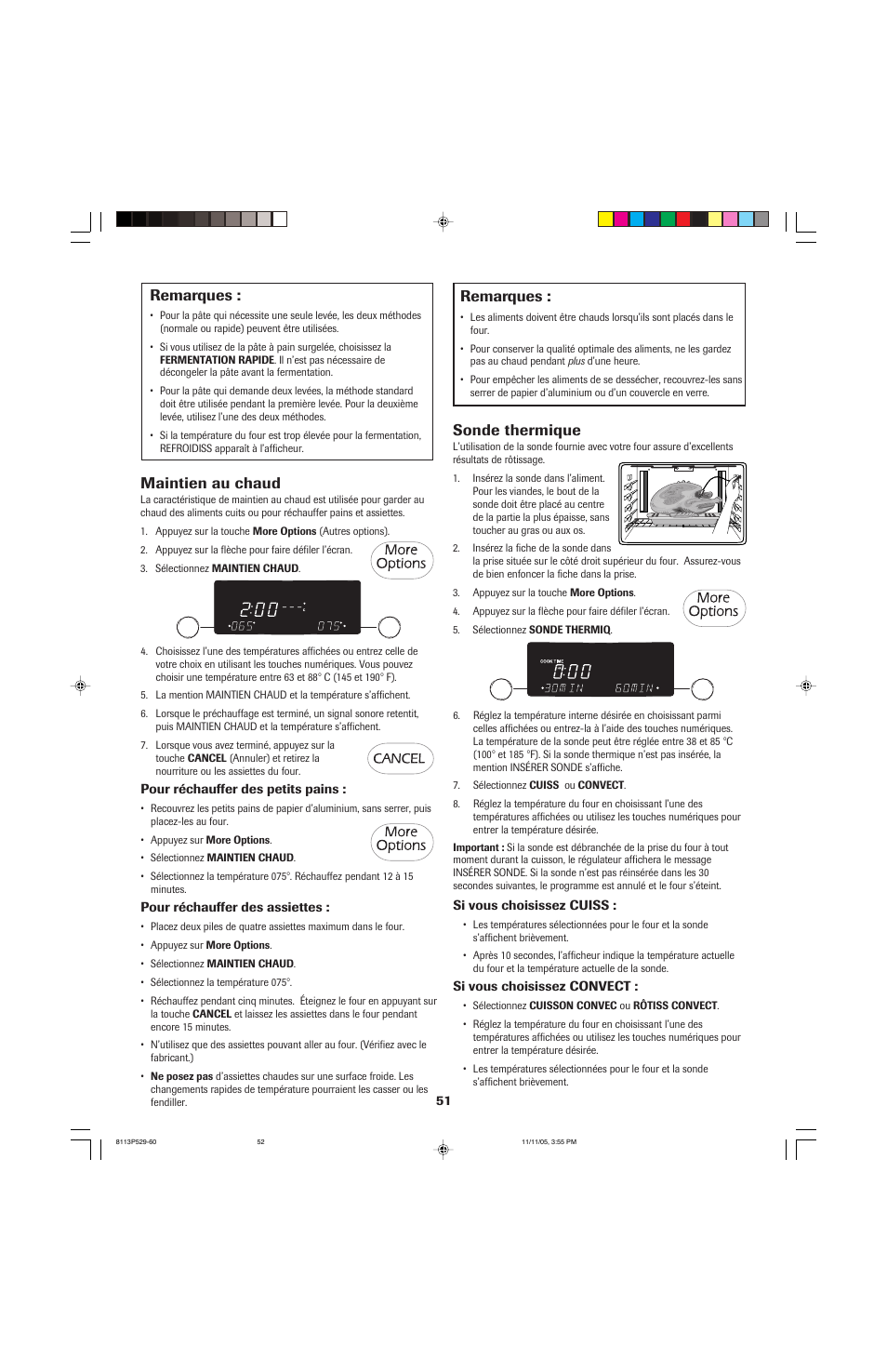Remarques, Maintien au chaud, Sonde thermique | Jenn-Air GAS DOWNDRAFT SLIDE-IN RANGE User Manual | Page 52 / 88