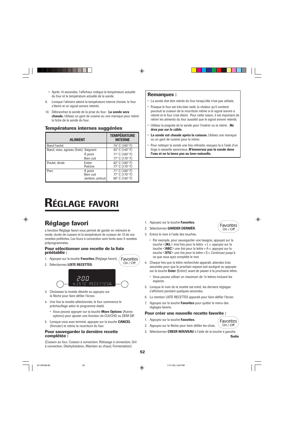 Églage, Favori, Réglage favori | Jenn-Air GAS DOWNDRAFT SLIDE-IN RANGE User Manual | Page 53 / 88