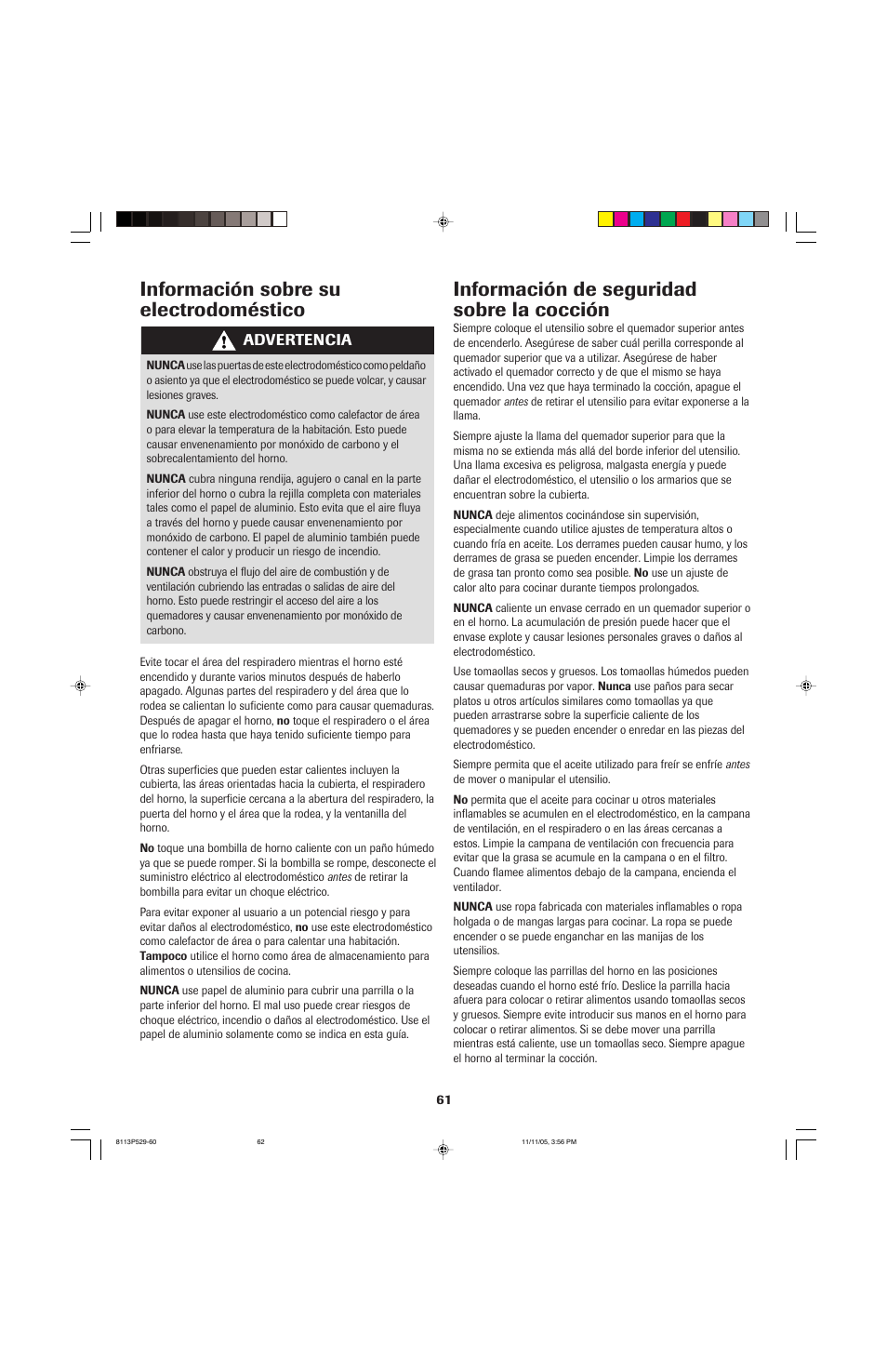 Información de seguridad sobre la cocción, Información sobre su electrodoméstico | Jenn-Air GAS DOWNDRAFT SLIDE-IN RANGE User Manual | Page 62 / 88