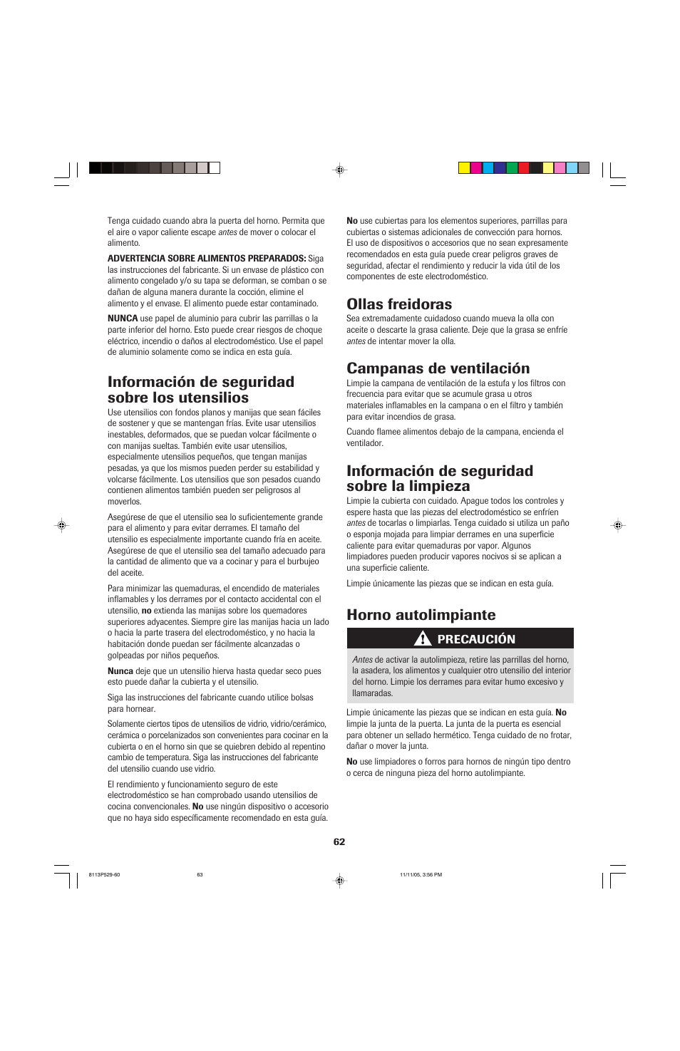 Información de seguridad sobre los utensilios, Ollas freidoras, Campanas de ventilación | Información de seguridad sobre la limpieza, Horno autolimpiante | Jenn-Air GAS DOWNDRAFT SLIDE-IN RANGE User Manual | Page 63 / 88