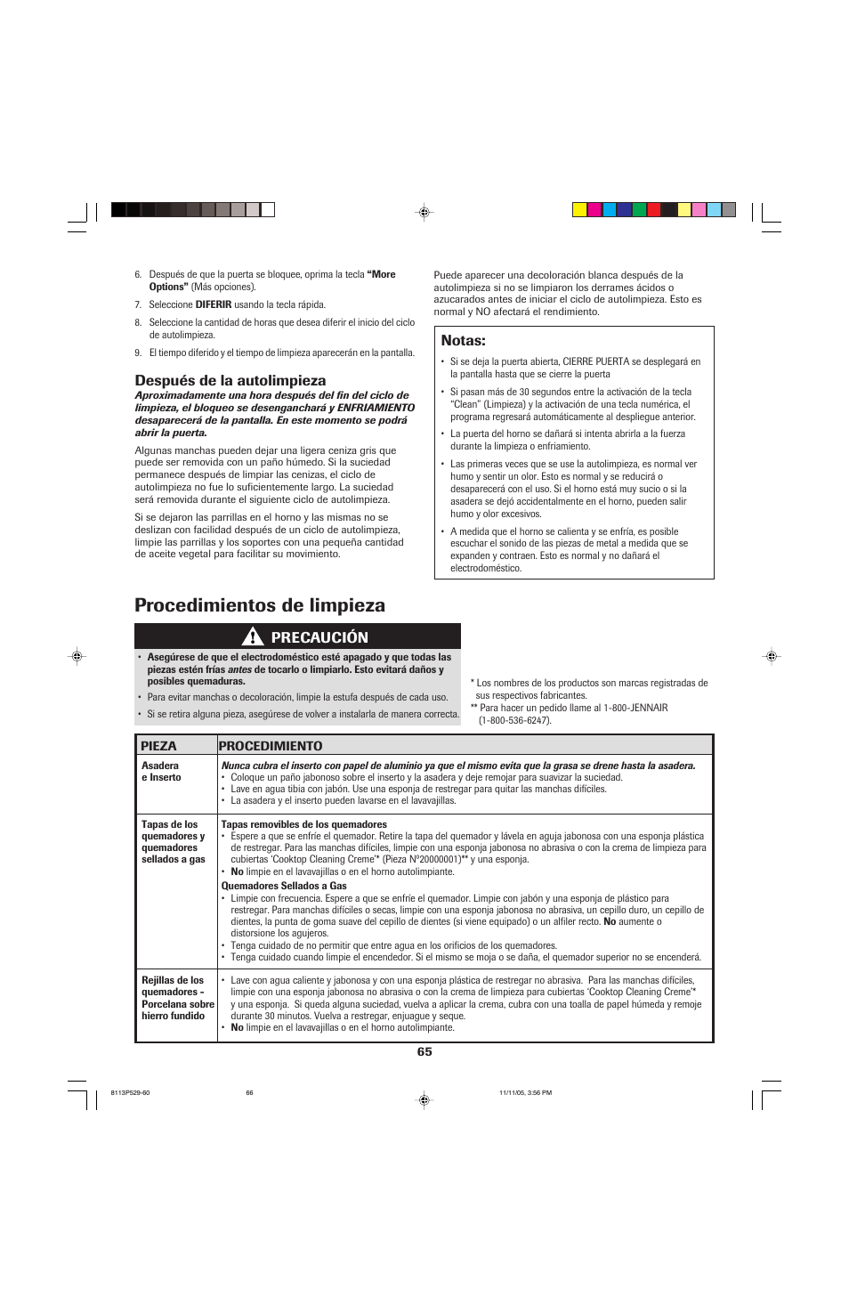 Procedimientos de limpieza, Después de la autolimpieza, Notas | Precaución | Jenn-Air GAS DOWNDRAFT SLIDE-IN RANGE User Manual | Page 66 / 88