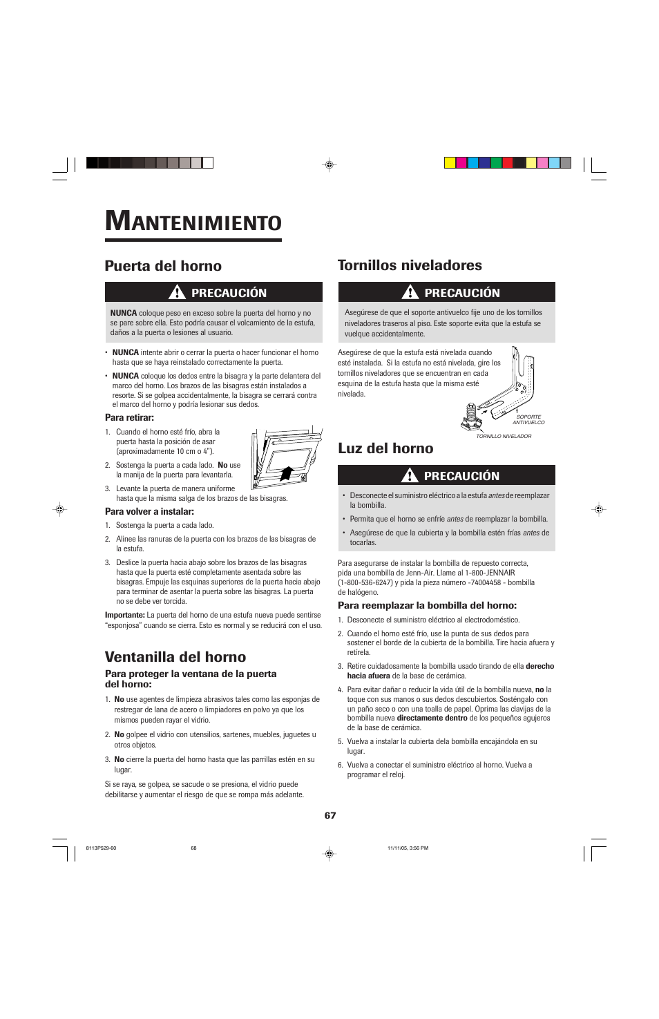 Antenimiento, Puerta del horno, Ventanilla del horno tornillos niveladores | Luz del horno | Jenn-Air GAS DOWNDRAFT SLIDE-IN RANGE User Manual | Page 68 / 88